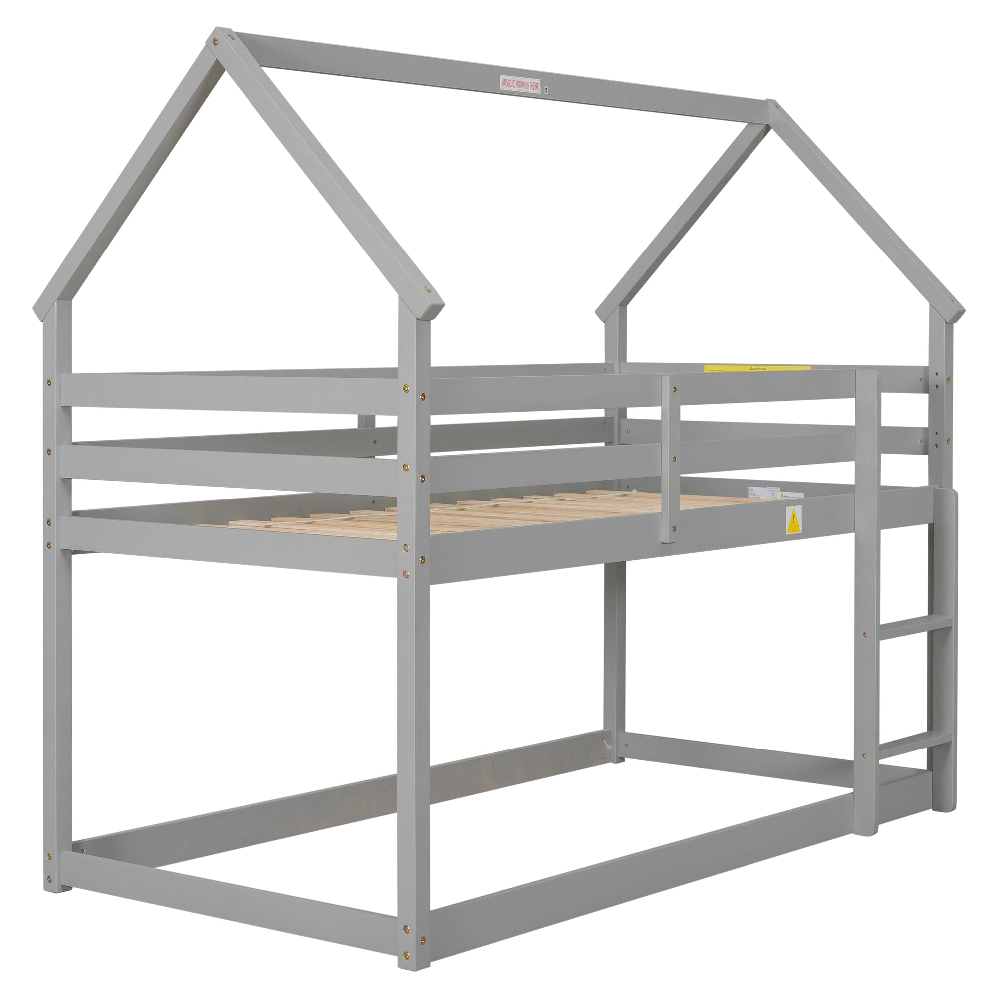 Twin over Twin Bunk Bed with Wood House Roof in Gray