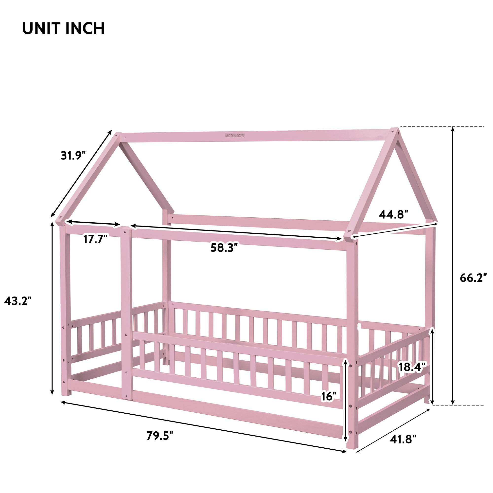 Pink Twin Size Toddler Floor Wooden Bed with House Roof Frame and Fence Guardrails