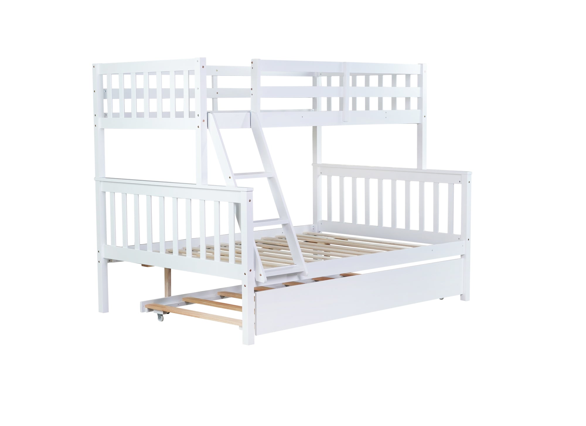 White Twin Over Full Rubber Wood Bunk Bed with Trundle, Detachable Ladder, and Guardrails