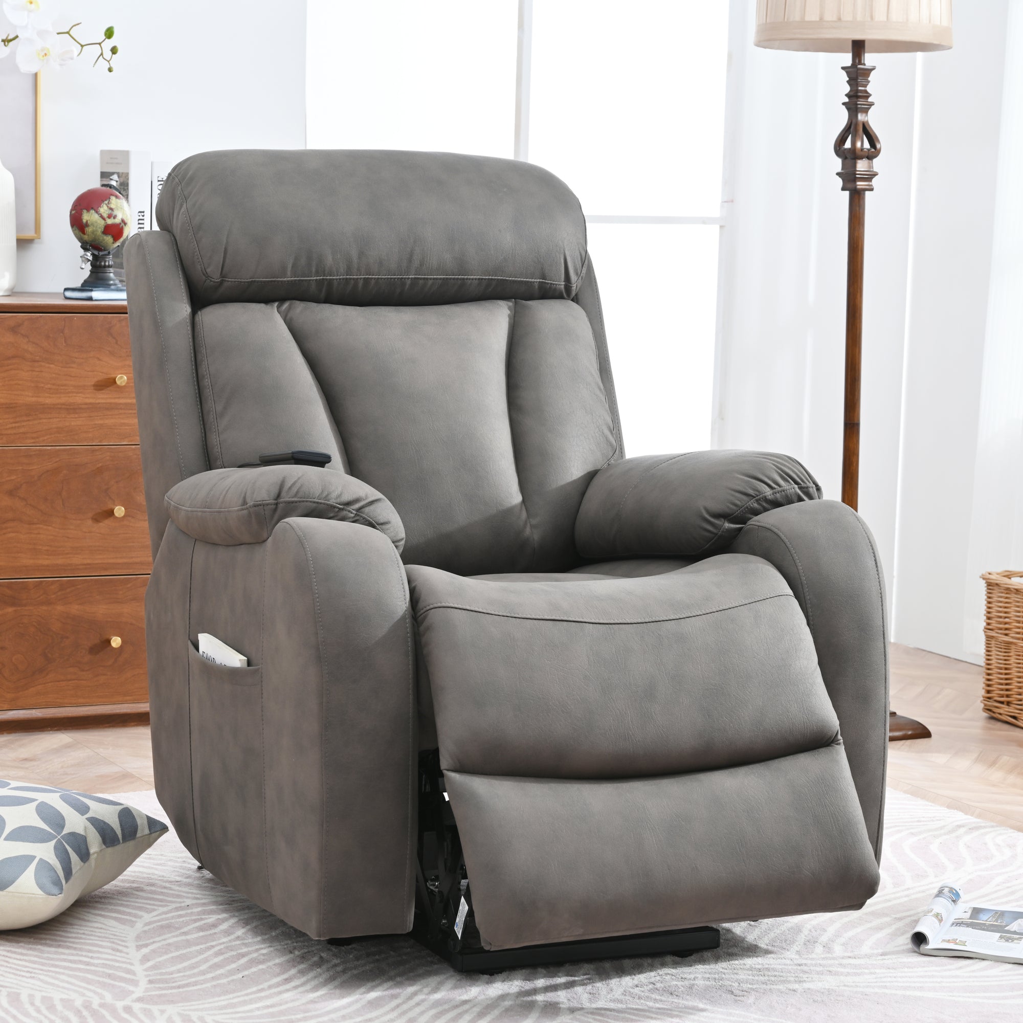 Dark Gray Power Lift Recliner Chair With Wood Frame