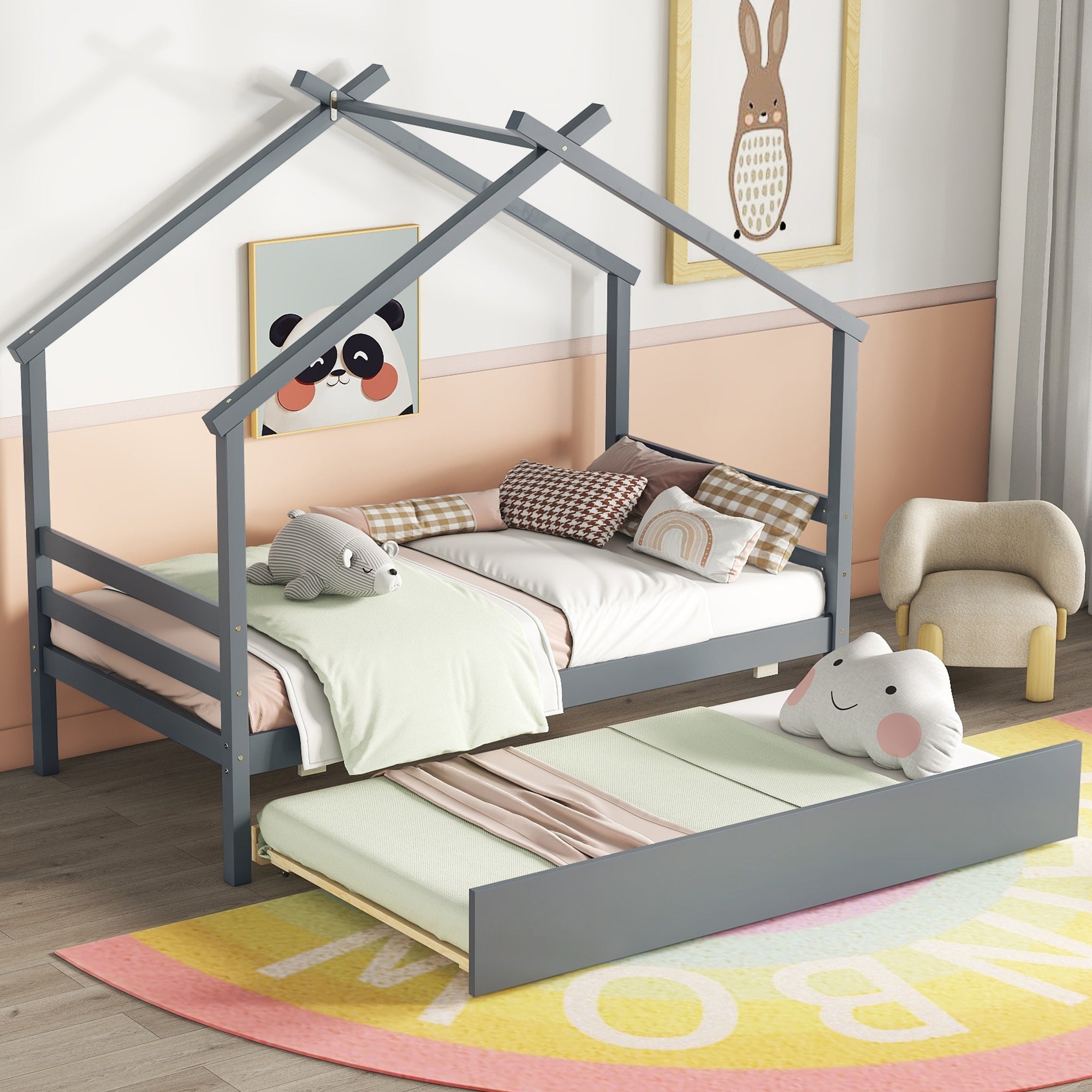 Gray Twin House-Shaped Bed with Pull-Out Trundle