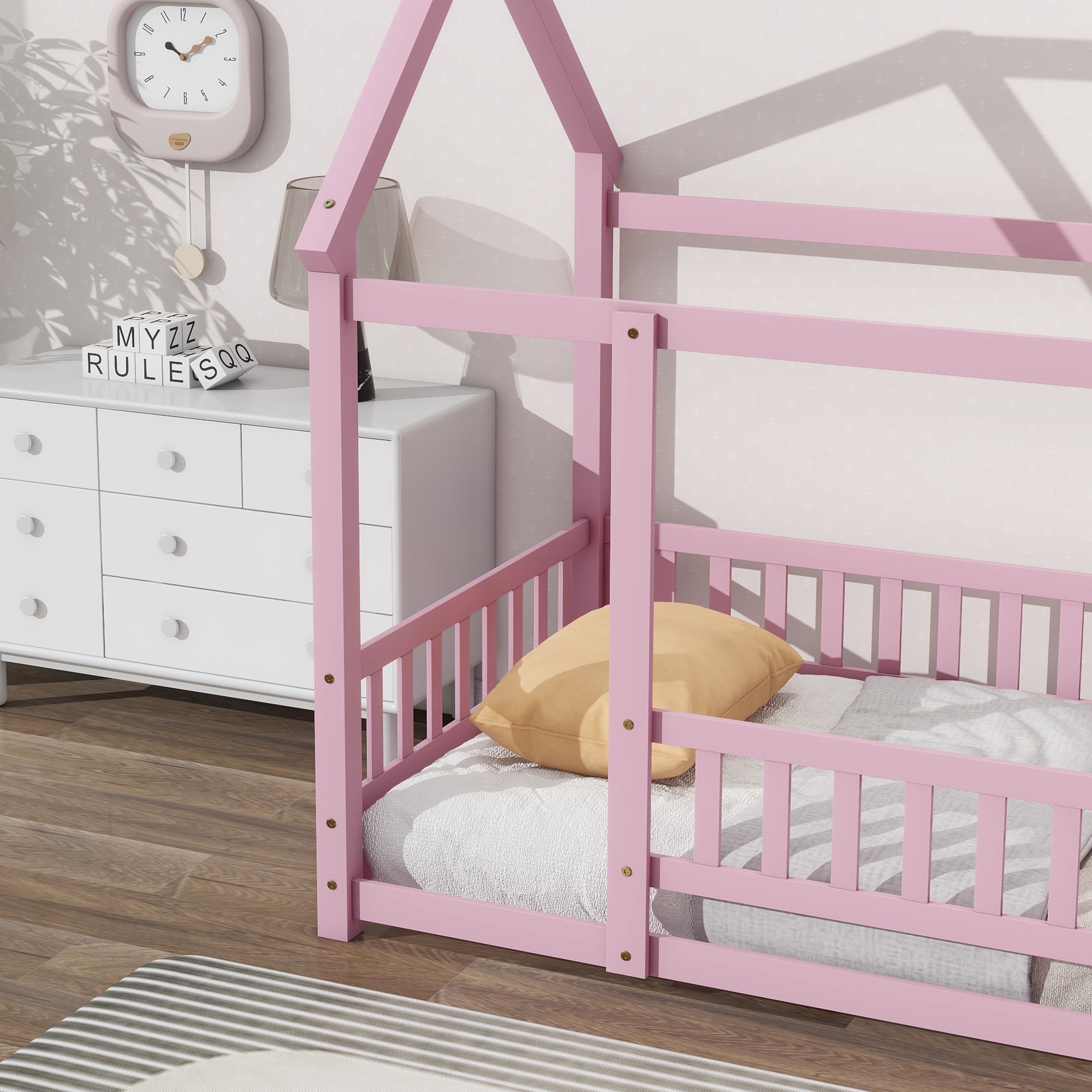 Pink Twin Size Toddler Floor Wooden Bed with House Roof Frame and Fence Guardrails