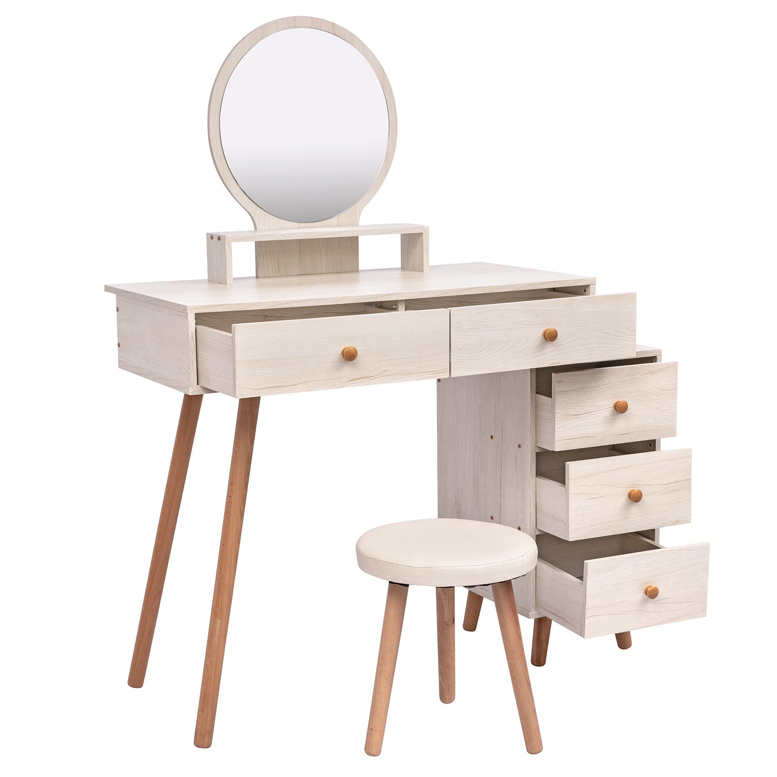 Makeup Vanity Table with 5 Drawers and Mirror In American White Oak