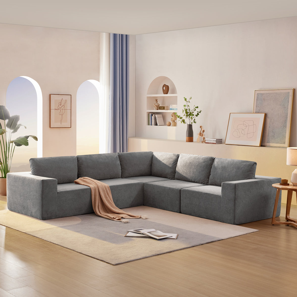 Kyoto Modular Sectional Sofa with Terrycloth Fabric in Gray