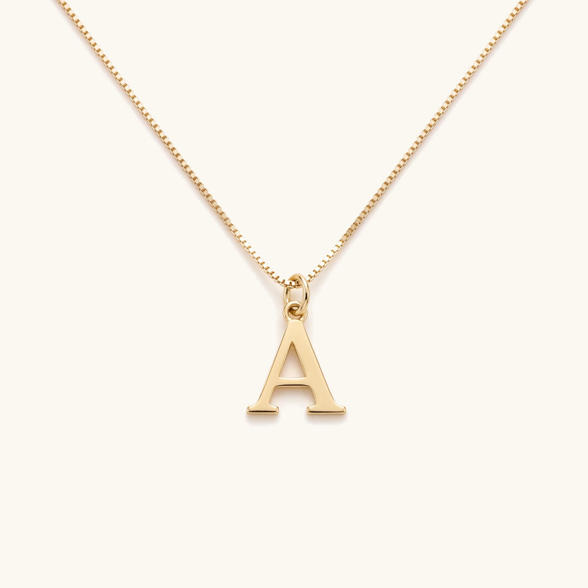 14k Sleek Serif Initial Necklace – gold serif letter A pendant on a fine box chain