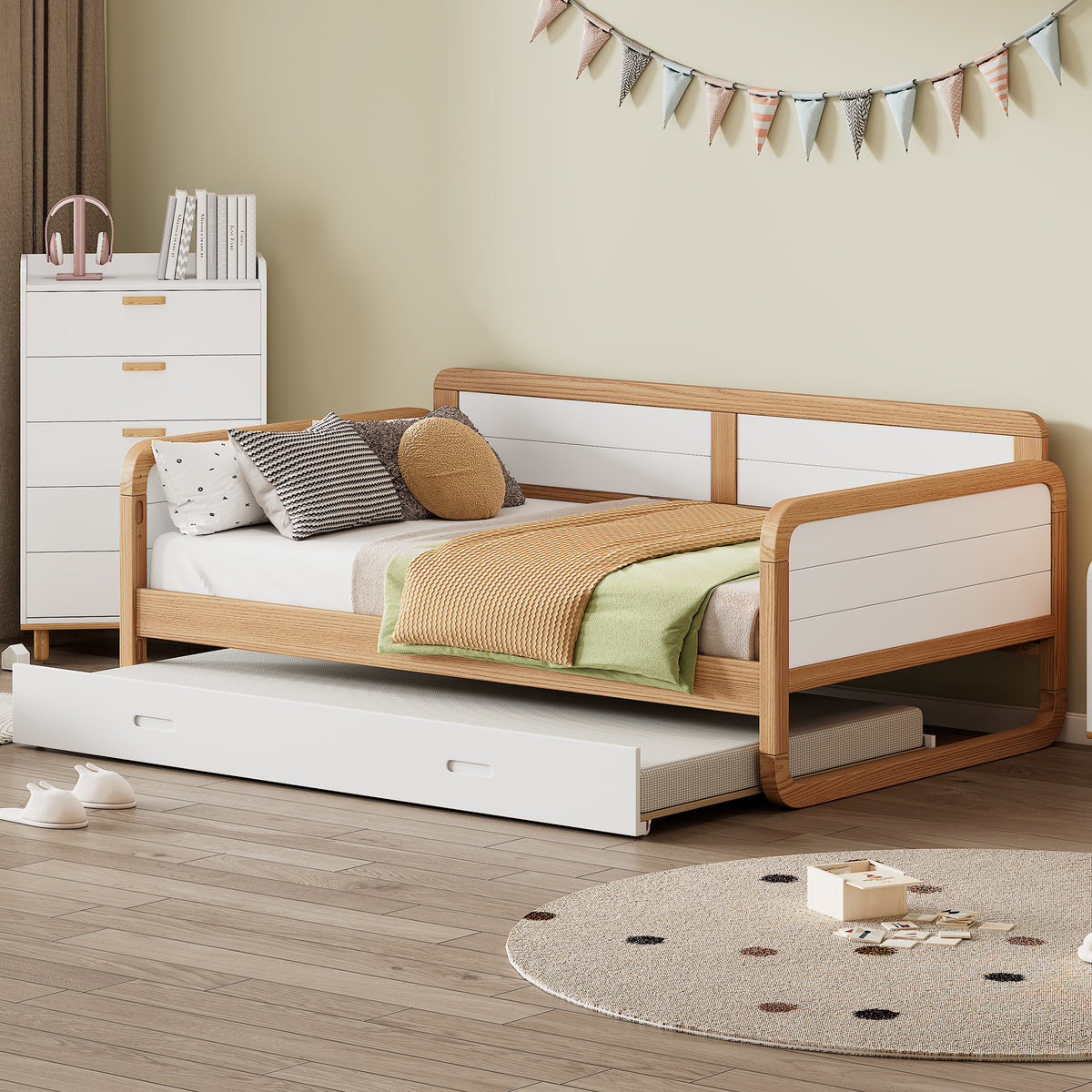 Twin Modern Daybed with Trundle in White &amp; Walnut