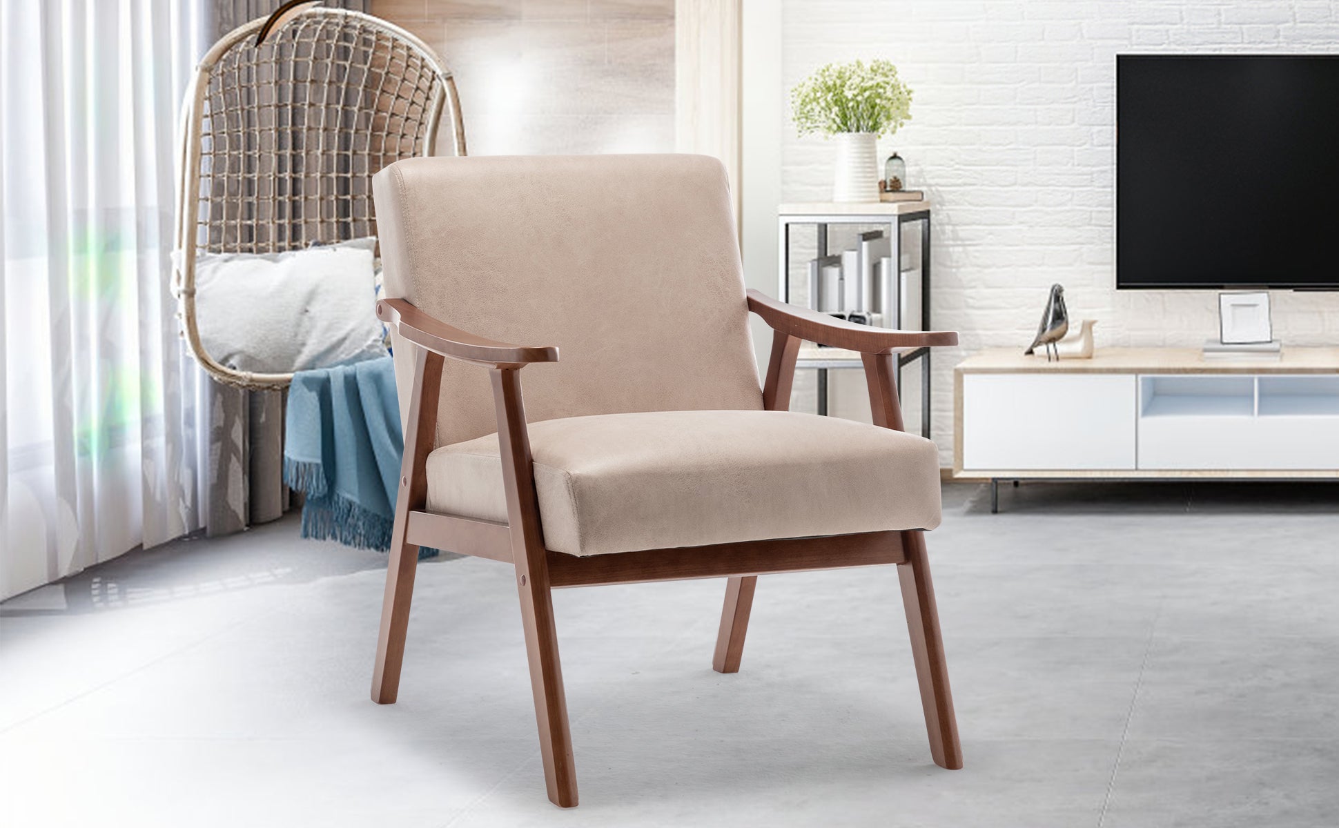 Mid-Century Modern Accent Chair - Solid Wood Frame, Extra-Thick Backrest, Ideal for Living Room, Bedroom, or Reading Room