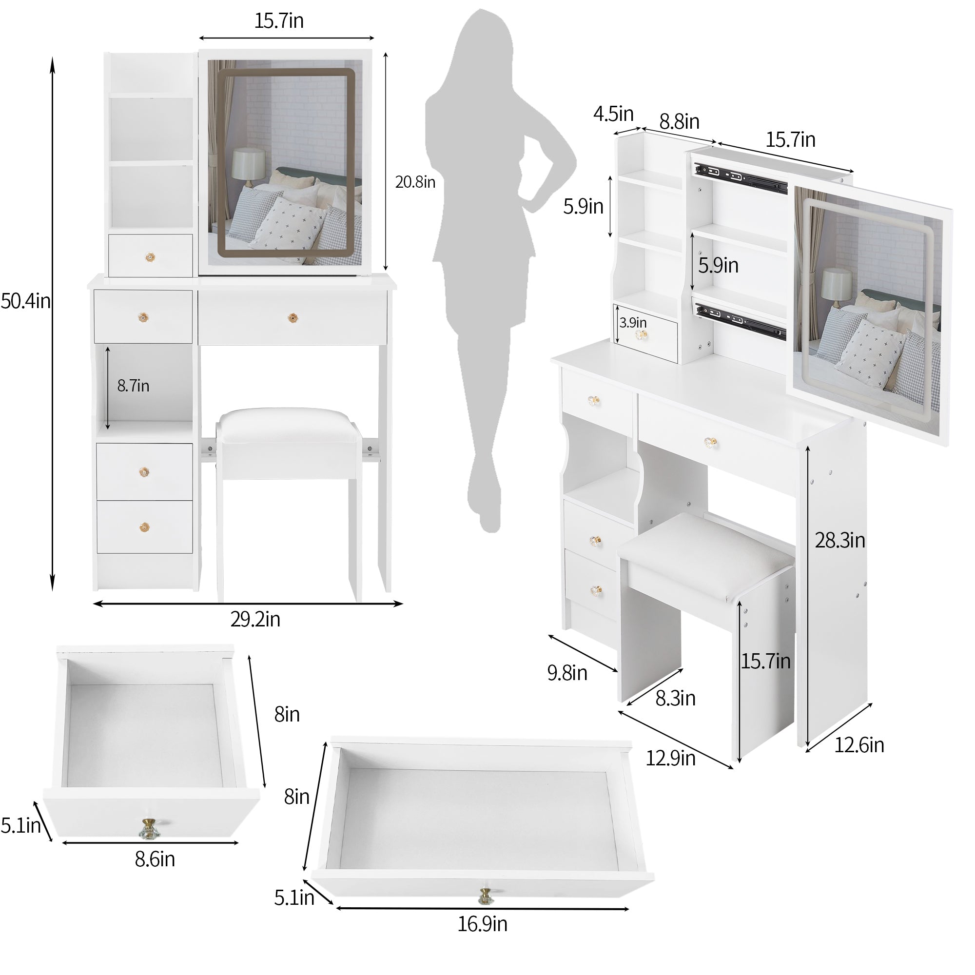 Small Size Left Drawer Desktop Vanity Table With Cushioned Stool Touch Control LED Mirror Tri-color Switching For Small Space In White