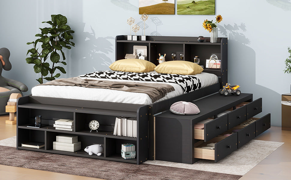 Full Bed with Bookcase Headboard, Under-Bed Storage Drawers & Bed-End Storage Case in Espresso