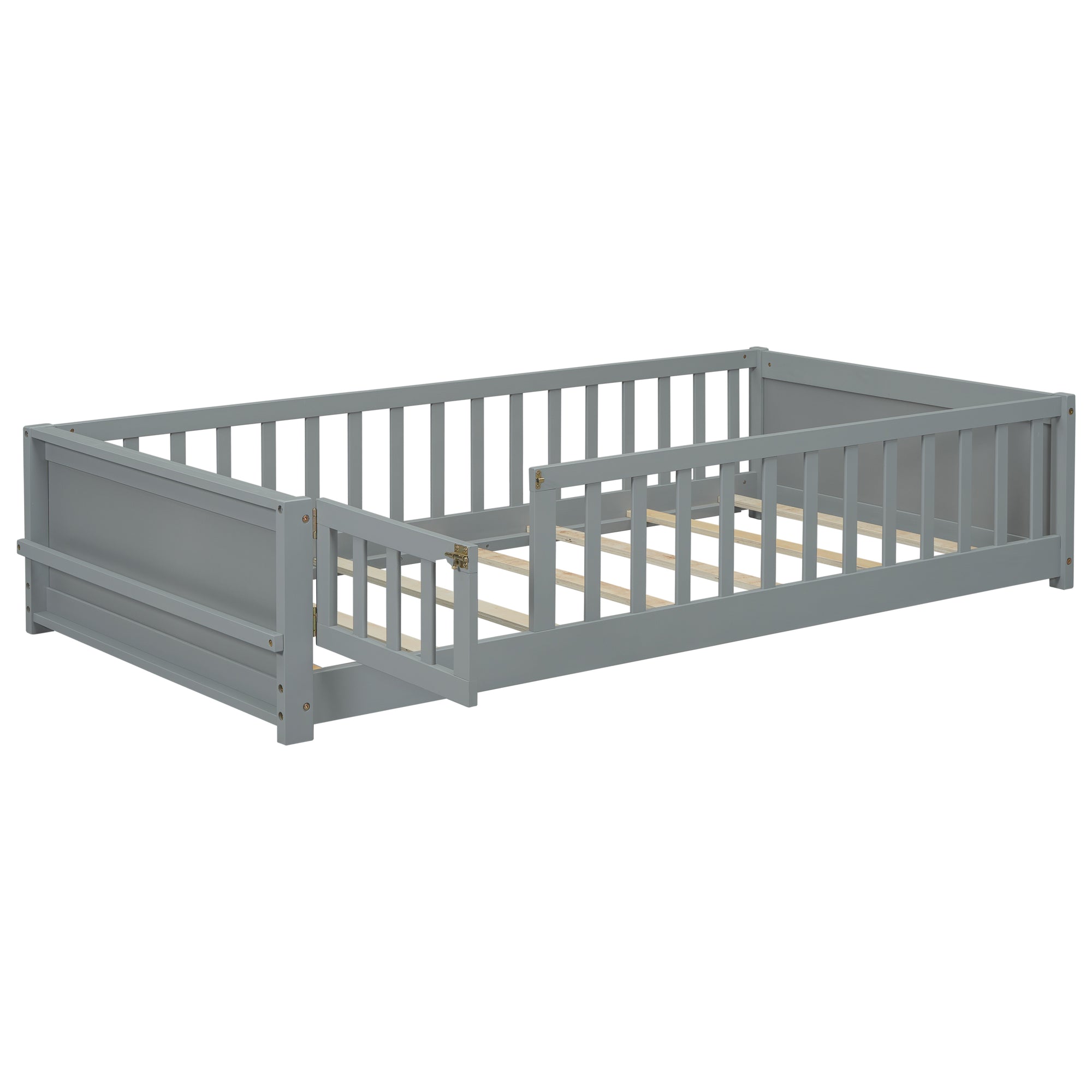 Gray Twin-Size Toddler Floor Platform Bed with Built-in Book Storage and Safety Guardrails