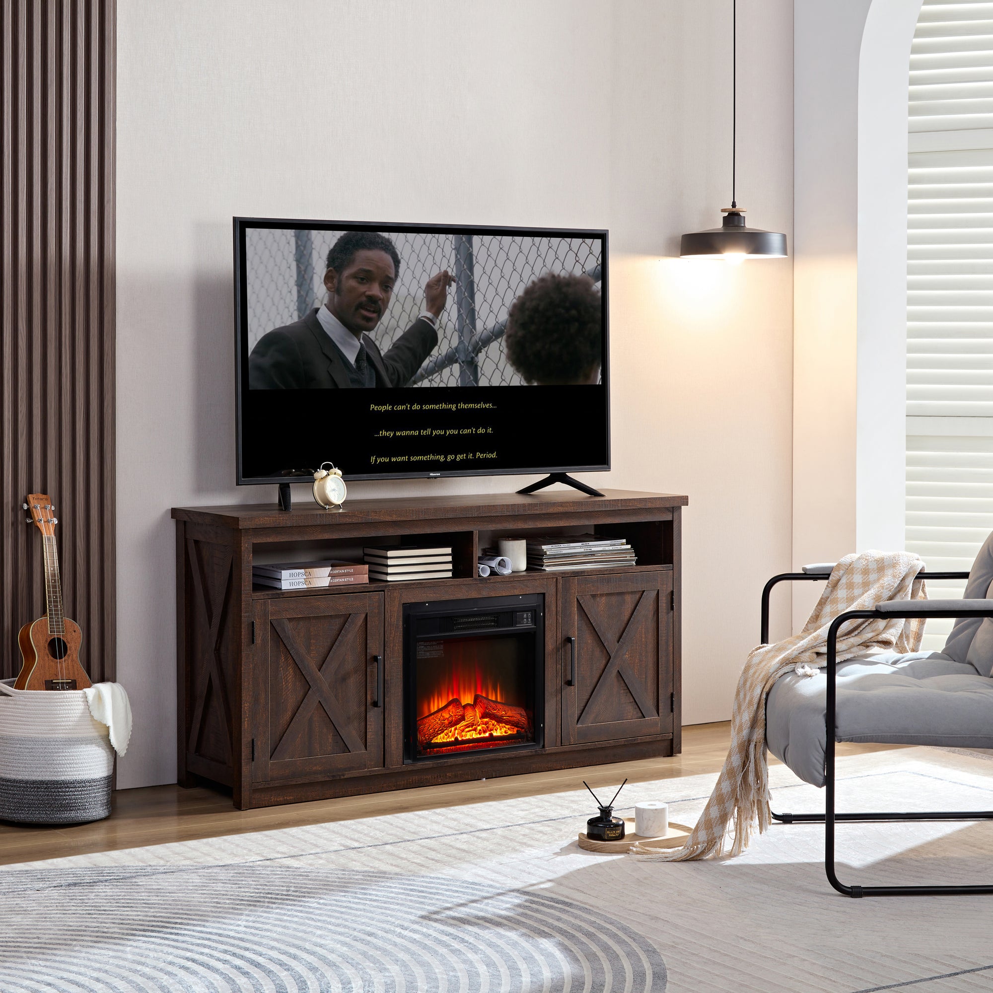 Farmhouse TV Media Stand with Fireplace Insert for TVs Up to 65 Inches with Open Shelves and Cabinets In Espresso