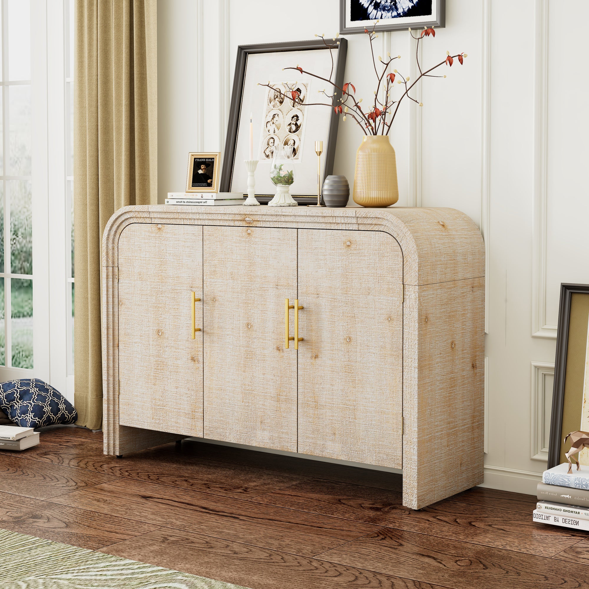 Retro Minimalist Curved Sideboard With Gold Handles and Adjustable Dividers for Dining Room In Natural Wood Wash