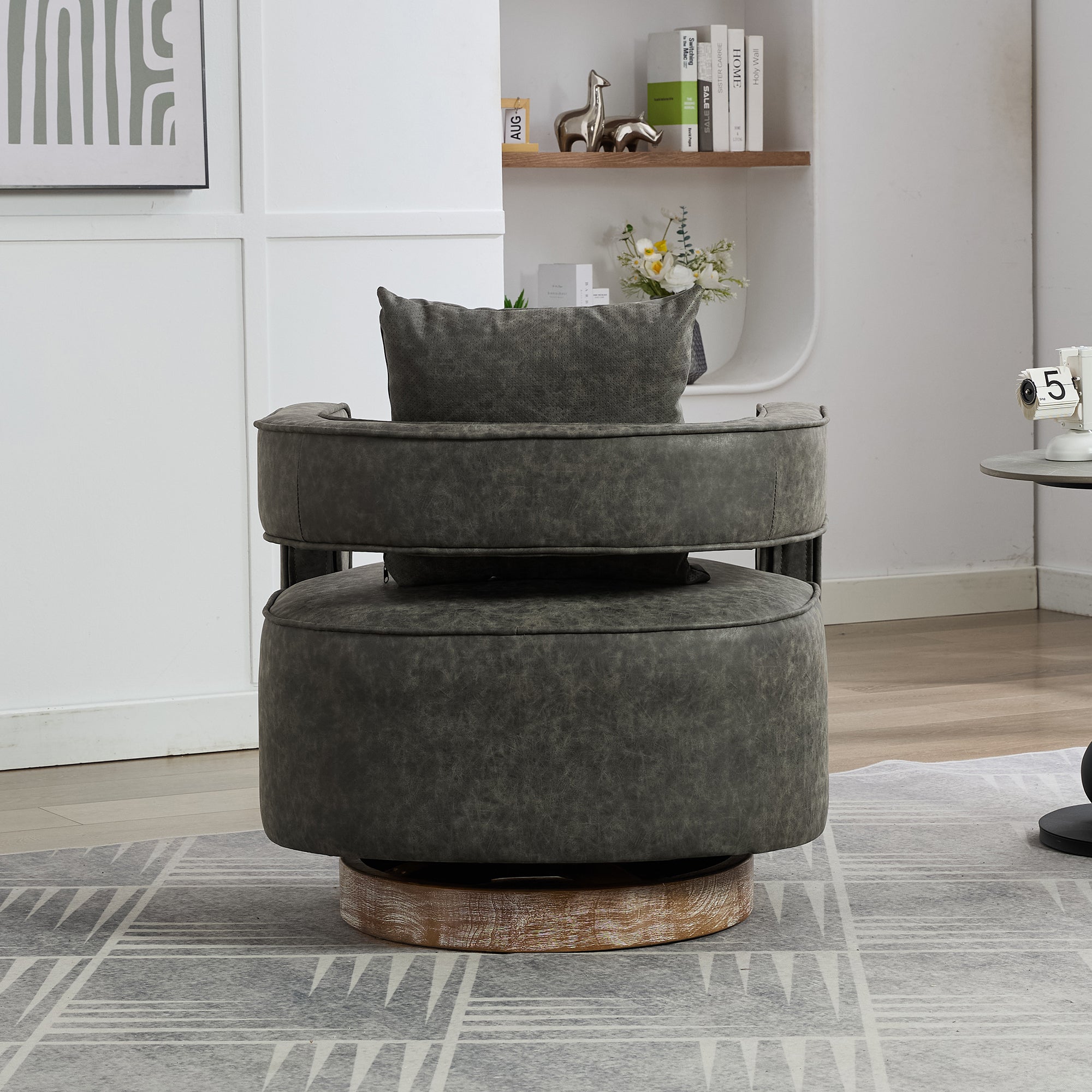 Futuristic Open Back Gray Swivel Accent Chair with Weathered Solid Wood Base