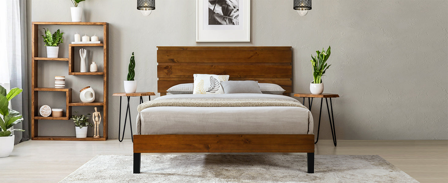 Queen Size Mid-Century Modern Solid Pinewood Bed Frame