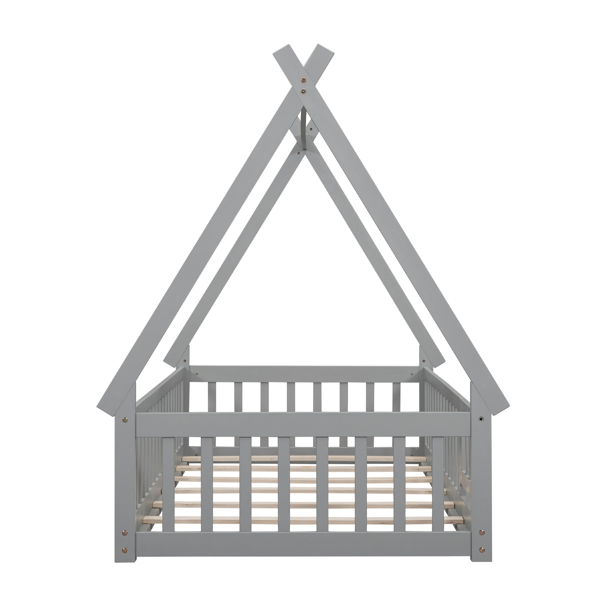 Gray Twin Tent-Shaped Toddler Floor Bed with Guardrails, Slats, and Door