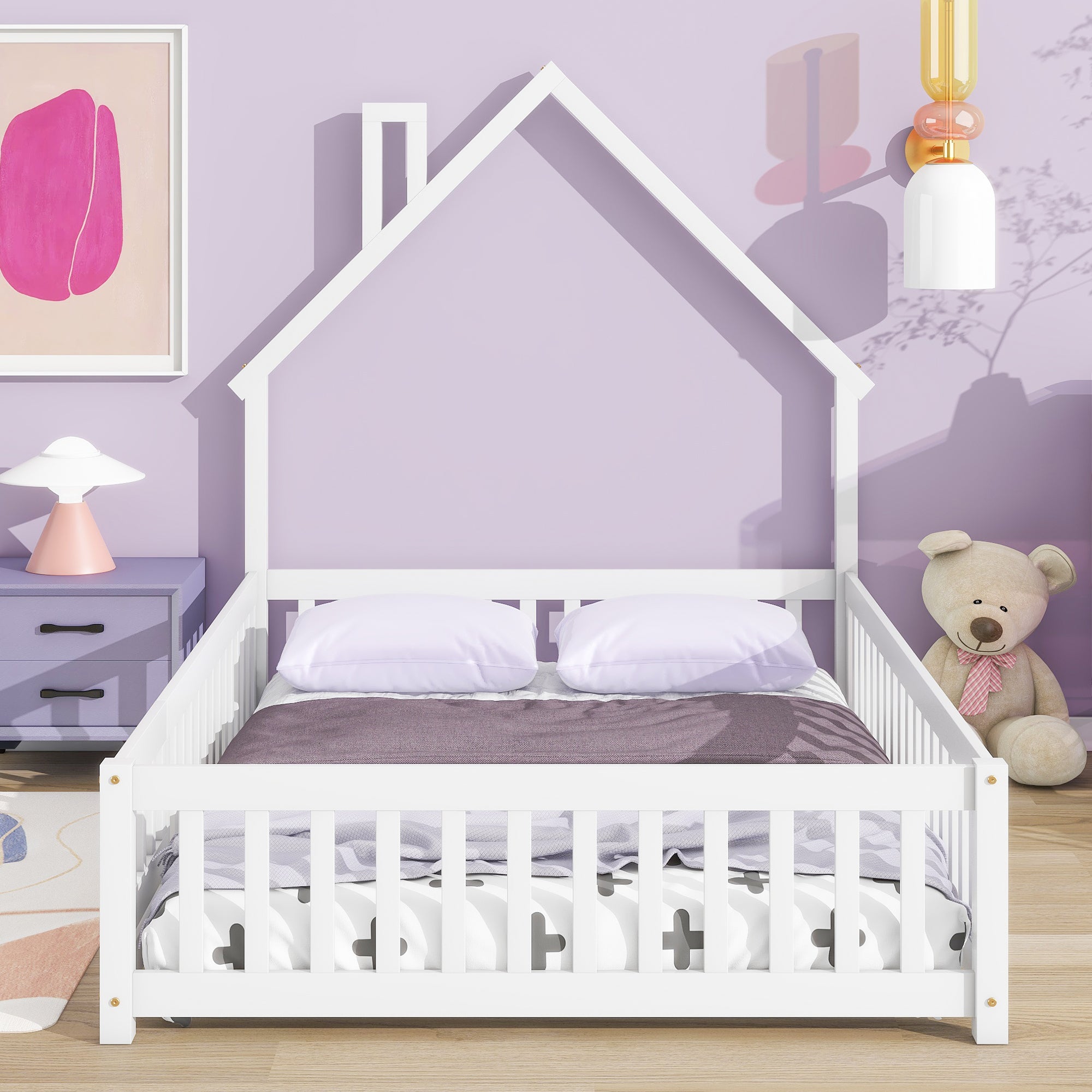 White Full House-Shaped Headboard Toddler Floor Bed with Fence