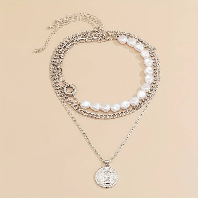 Pearl and Vintage Pendant Chain 3 Piece Pendant and Pearl Necklace Set