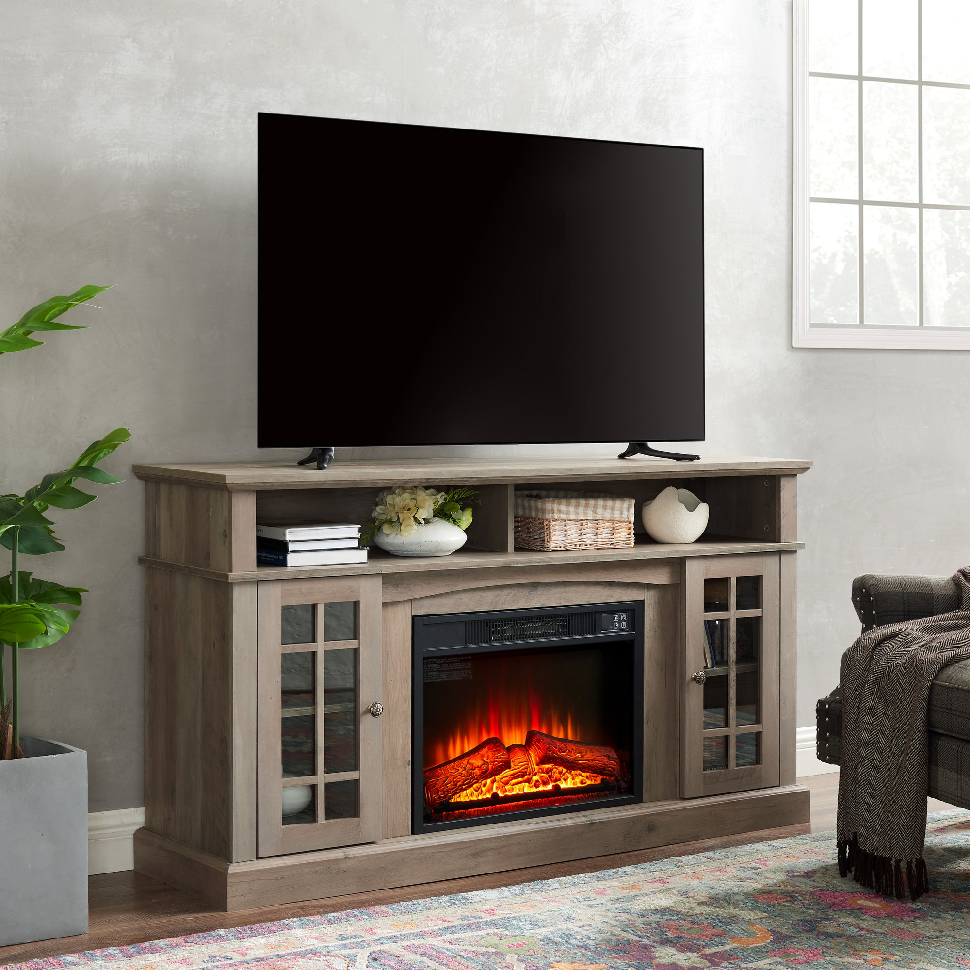 Classic TV Media Stand Modern Entertainment Console with 23 Inch Fireplace Inset for TV Up to 65 Inches In Gray Wash