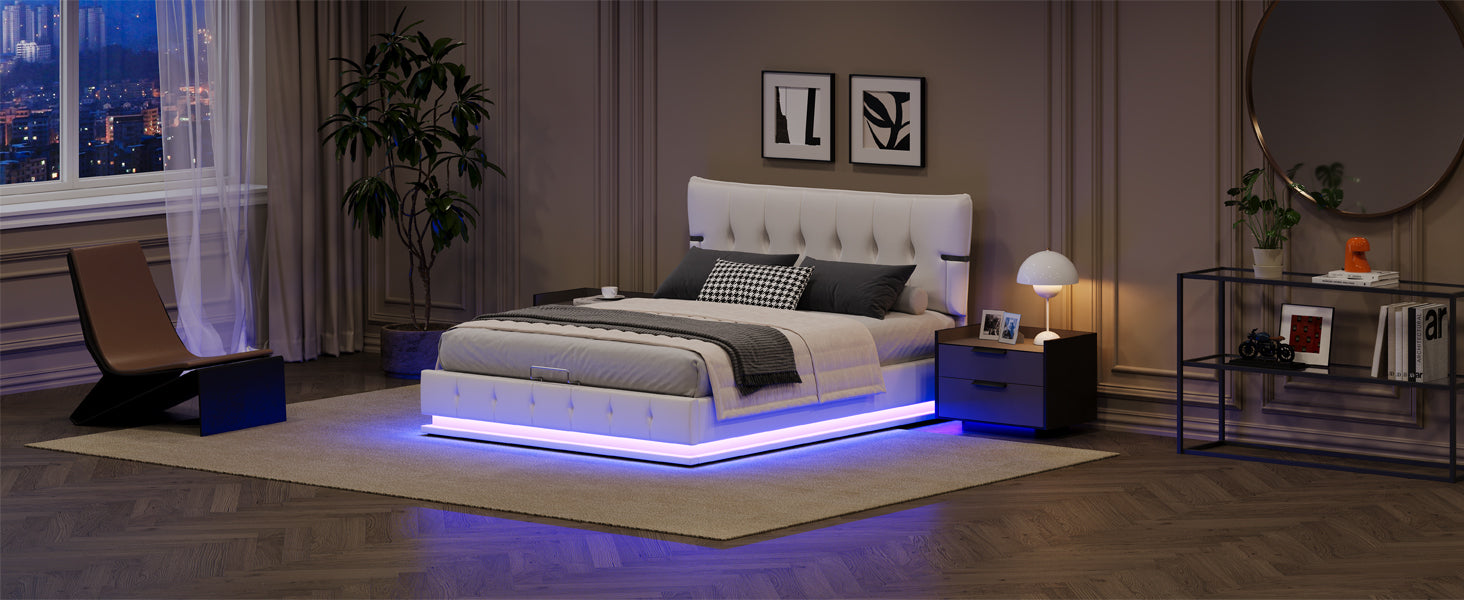 Upholstered Platform Queen Size Lift Up Storage Bed with LED Lighting in White