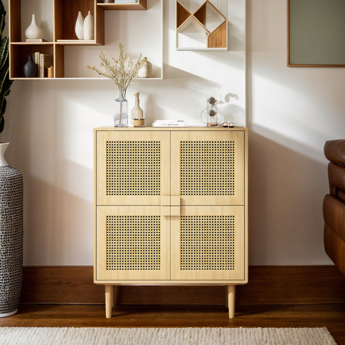 32&quot; Natural Tone Rattan Mesh Storage Cabinet with Adjustable Shelving