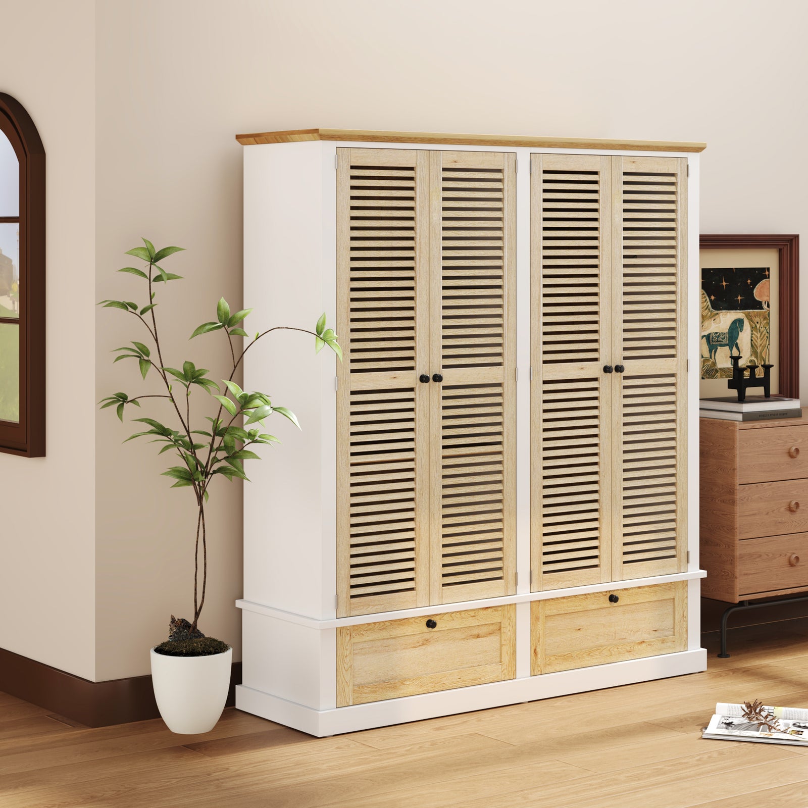 75" Natural & White 4 Shutter Door Wardrobe Armoire Closet