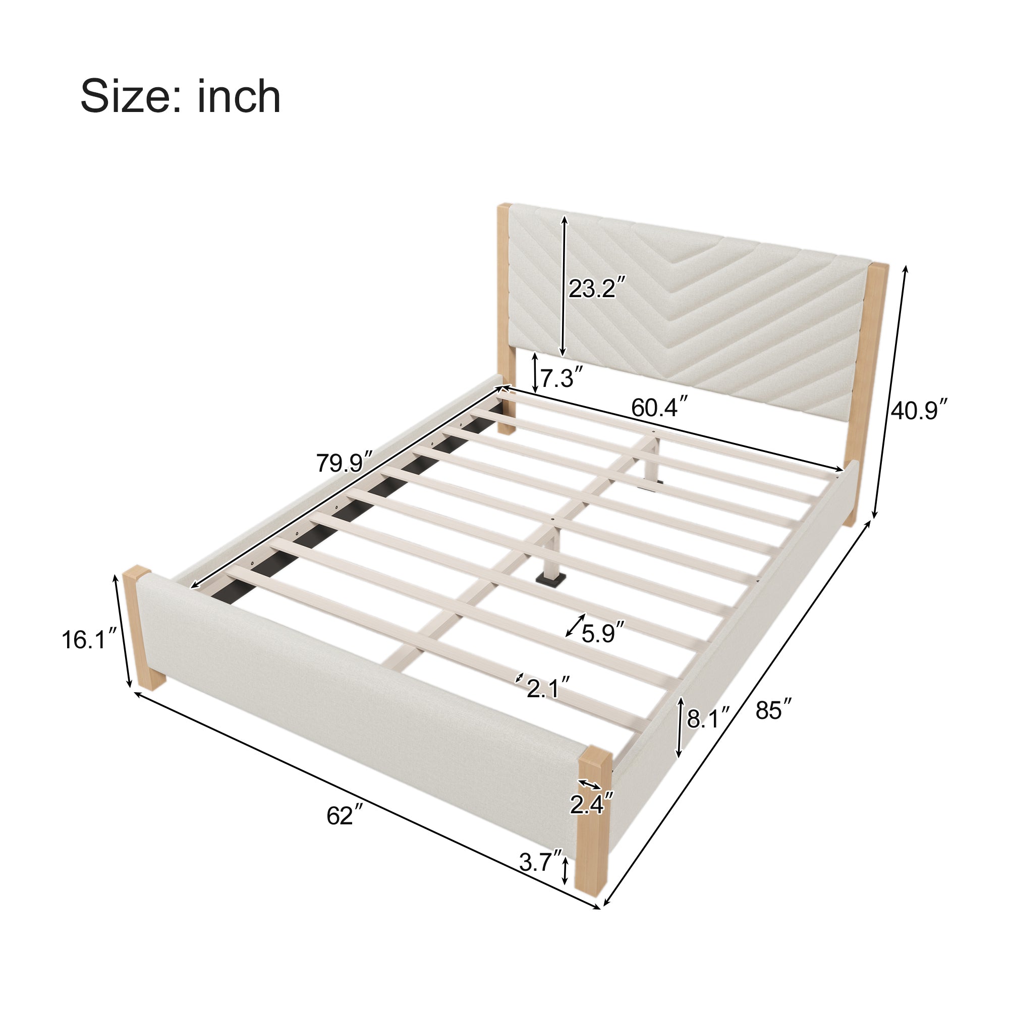 Queen Mid-Century Modern Tufted Headboard and Solid Wood Leg Bed Frame