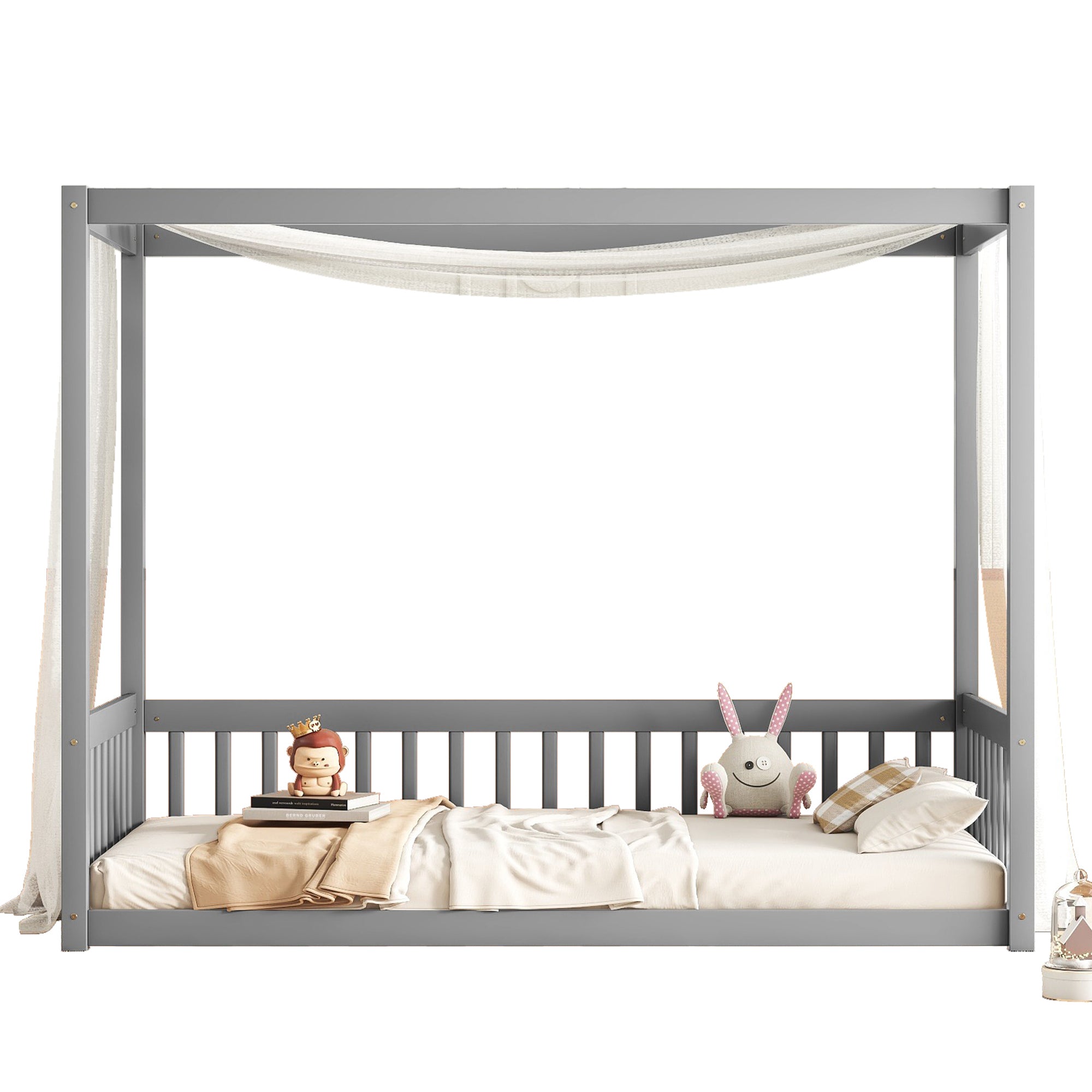 Gray Twin Size Canopy Frame Floor Bed with Fence and Guardrails