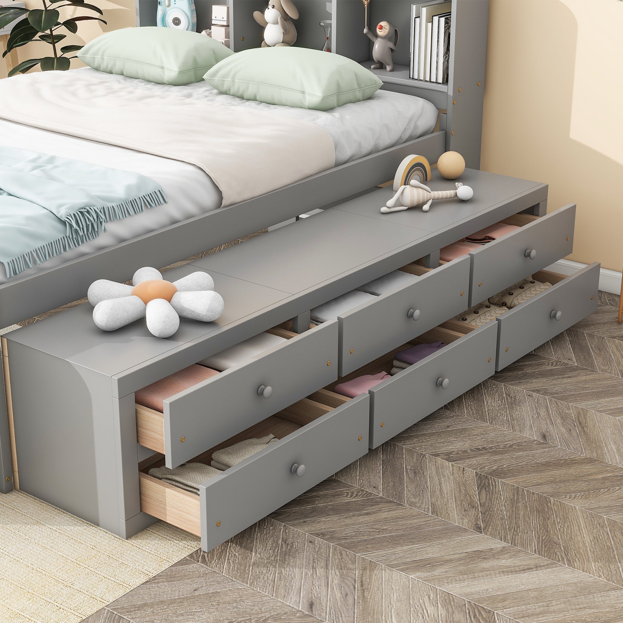 Gray Full Bed with Bookcase Headboard, Storage Drawers, and Bed-End Storage Case