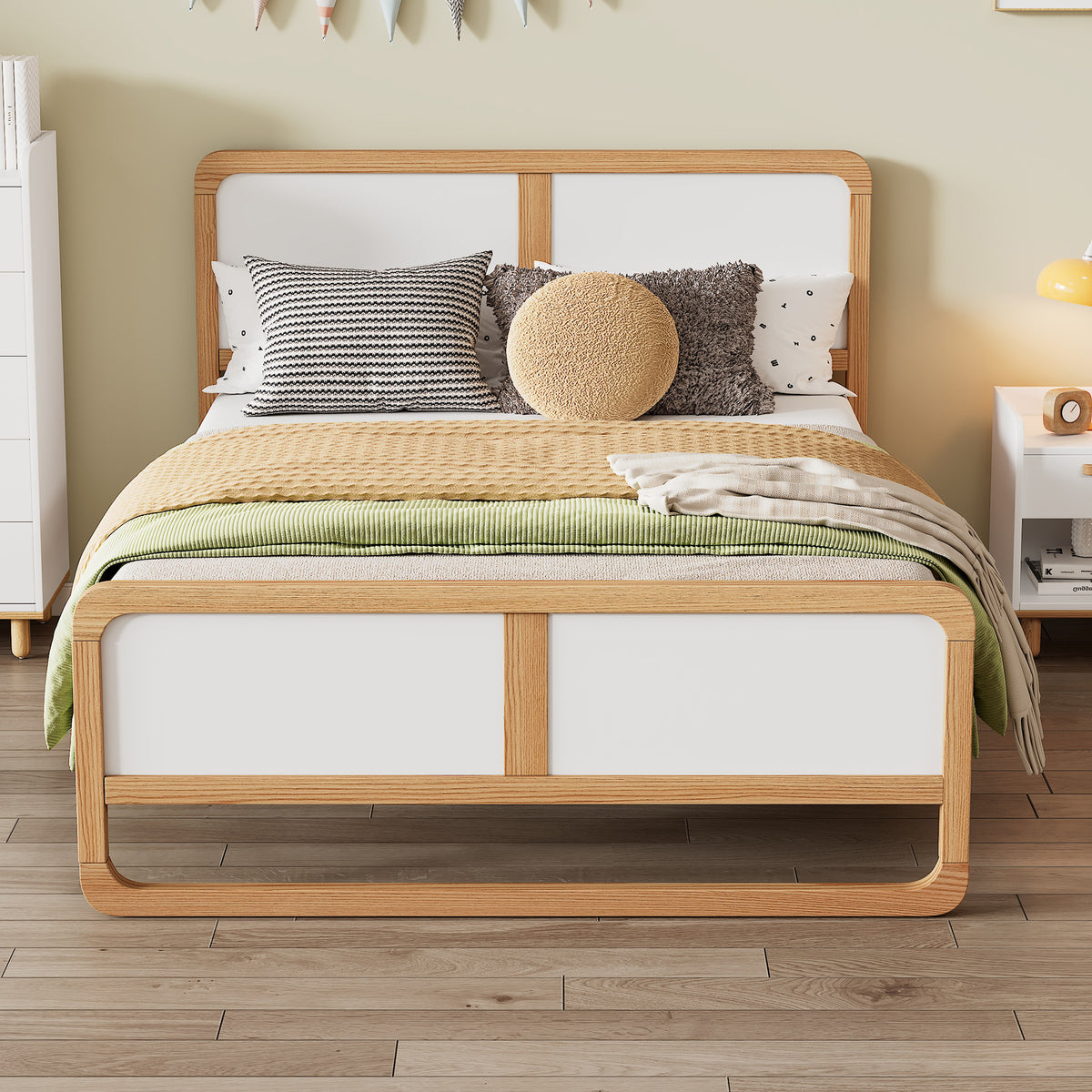 Modern White &amp; Walnut Queen Bed Frame