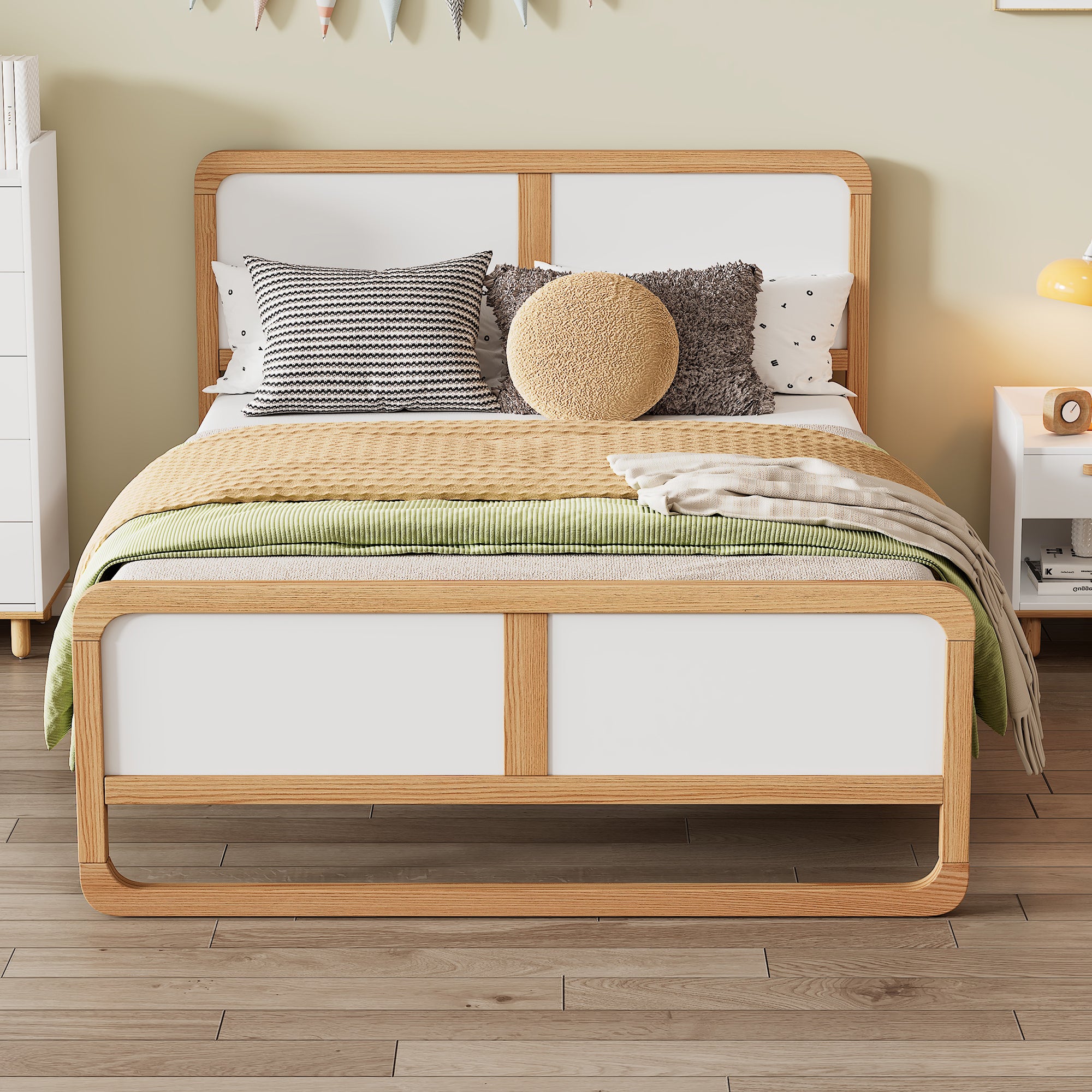 Modern Full Size Wood Bed Frame in White and Walnut