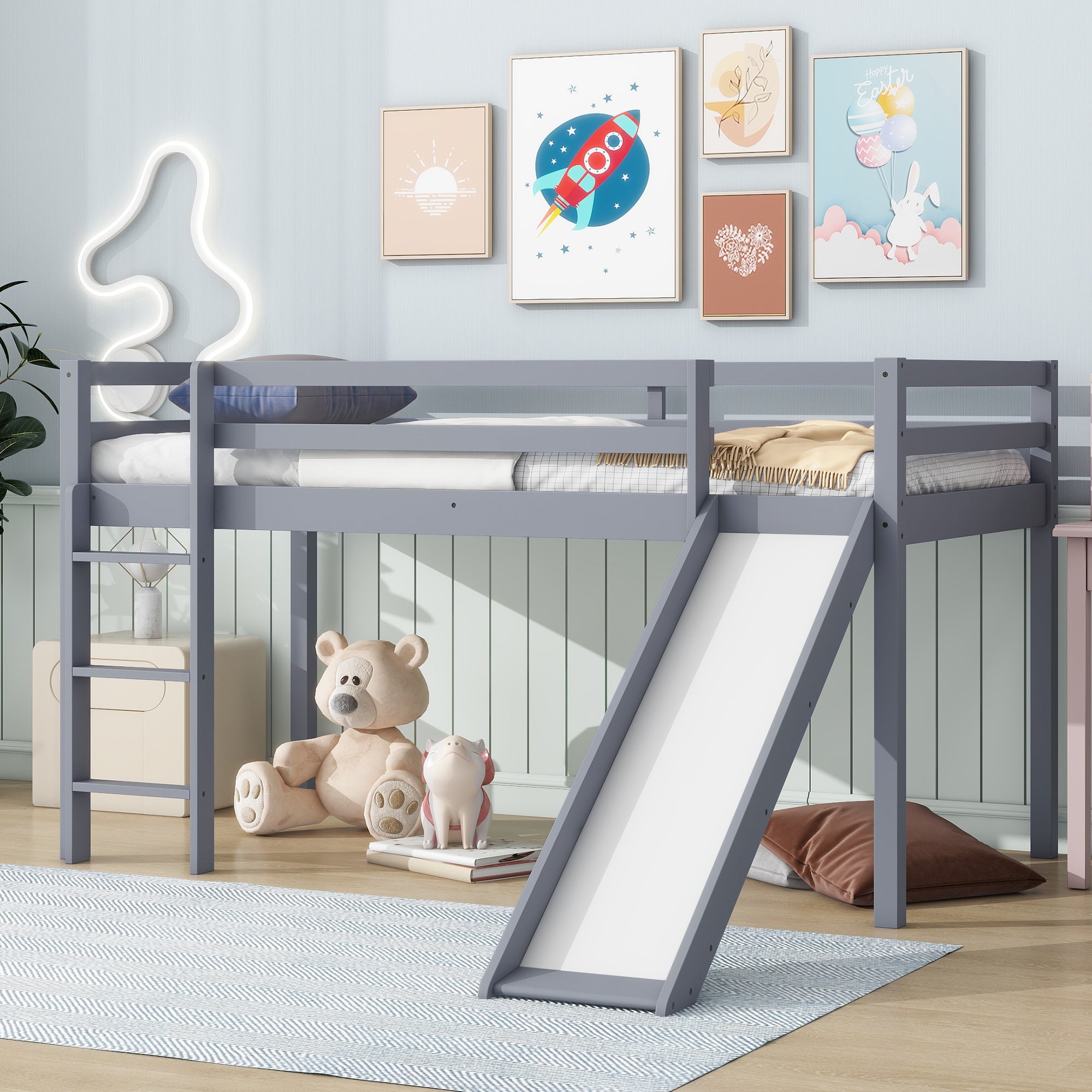 Gray Twin Low Loft Bed with Slide, Ladder, and Guardrails