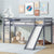 Gray Twin Low Loft Bed with Slide, Ladder, and Guardrails