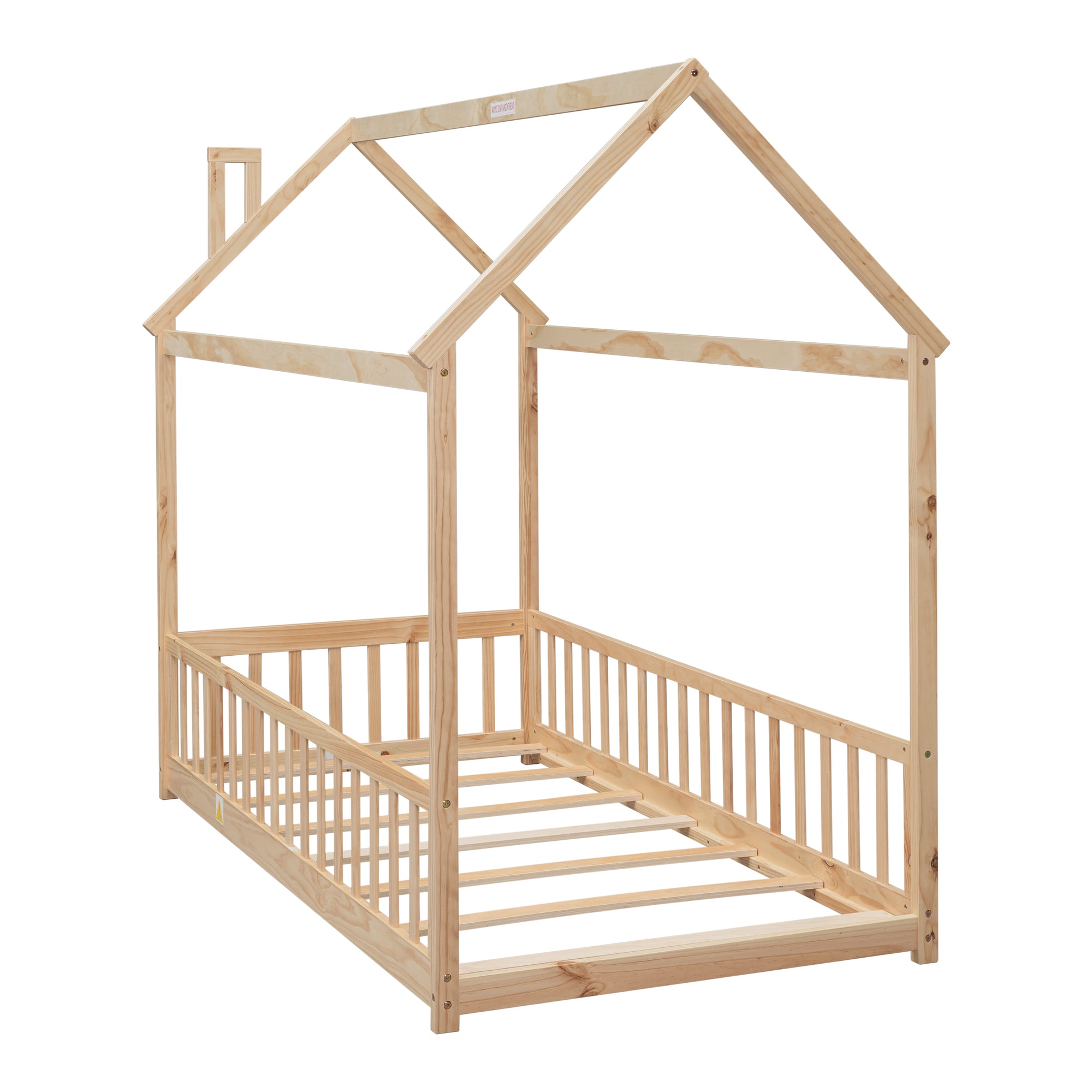 Natural Pine Frame Twin House Bed with Guardrails