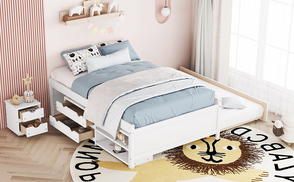 White Versatile Full Bed & Nightstand with Trundle and Underbed Storage Box