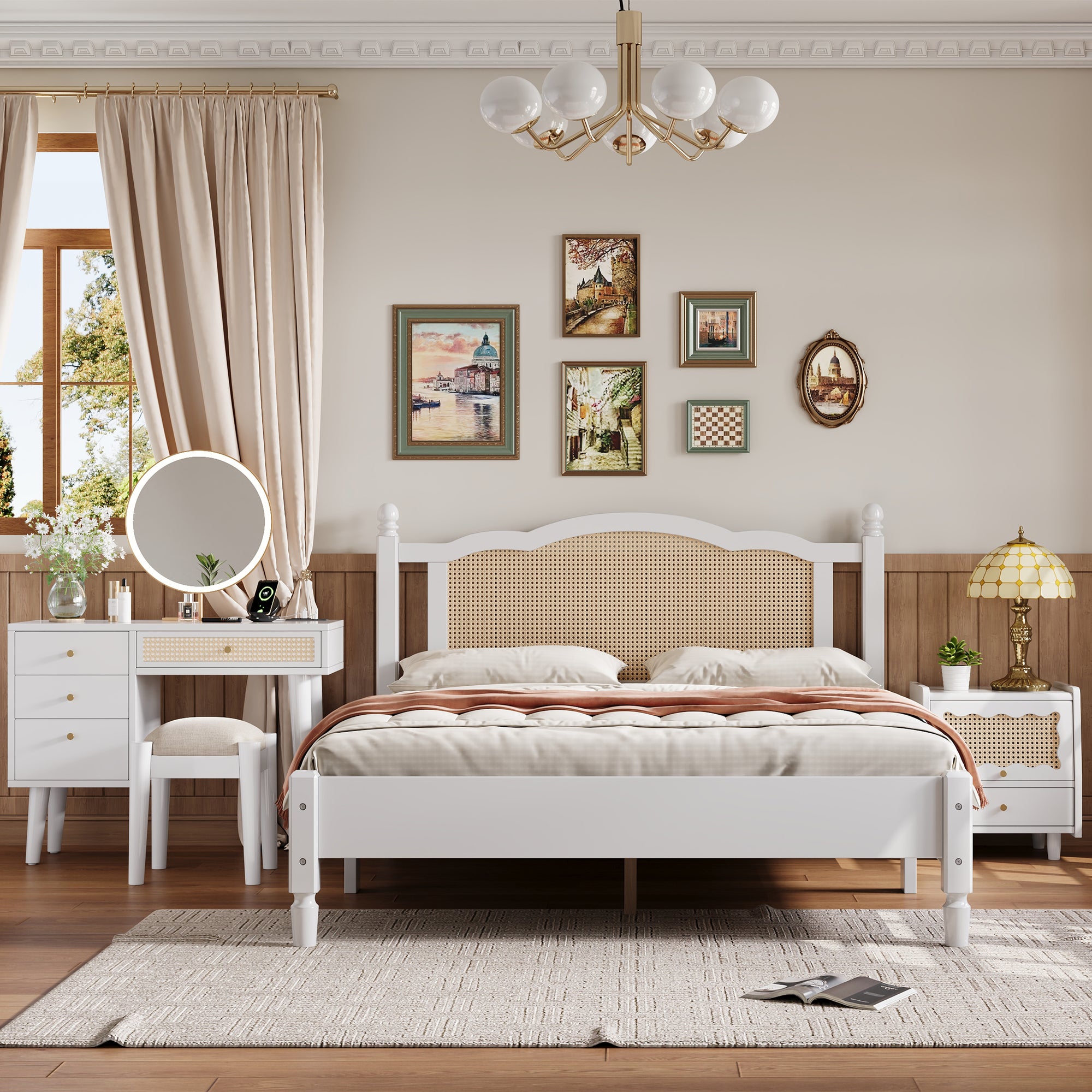 3 Pieces Bedroom Set with Queen Size Wooden Bed Frame and Makeup Vanity with Stool In White