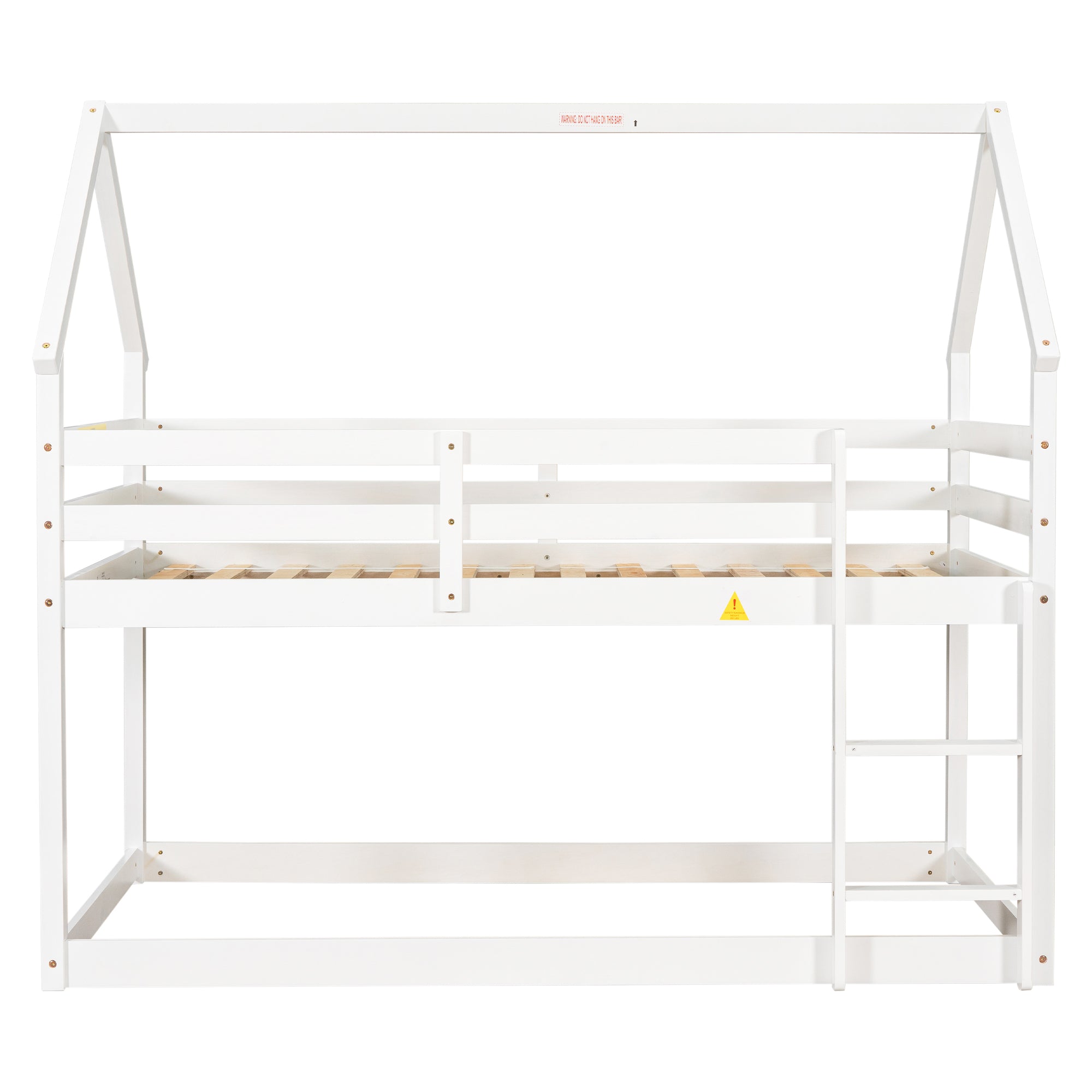 White Twin over Twin Loft Bed with Roof Design, Safety Guardrail, and Ladder