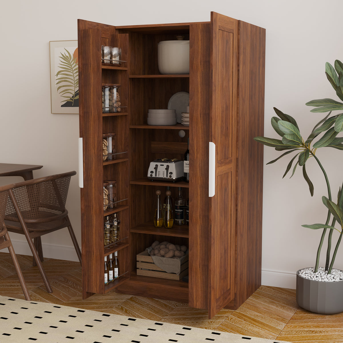 62.99in Walnut Kitchen Pantry Cabinet with Doors and Shelves Freestanding Buffet Sideboard Ideal for Kitchen and Living Room In Walnut