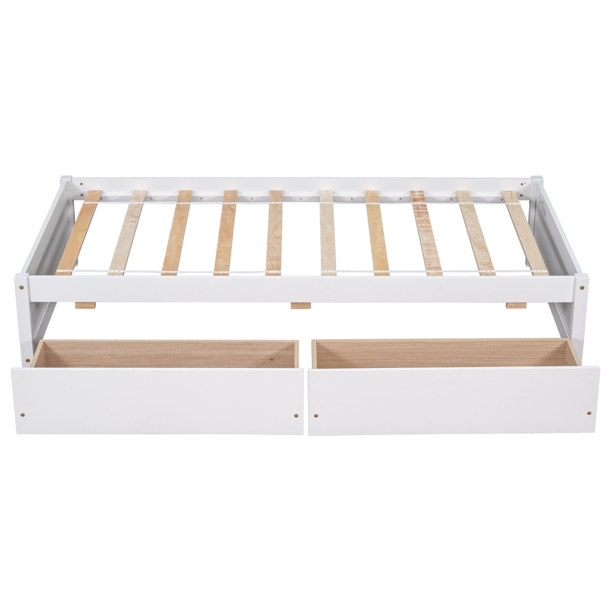 White Twin Bed with 2 Drawers, Solid Wood and No Box Spring Needed