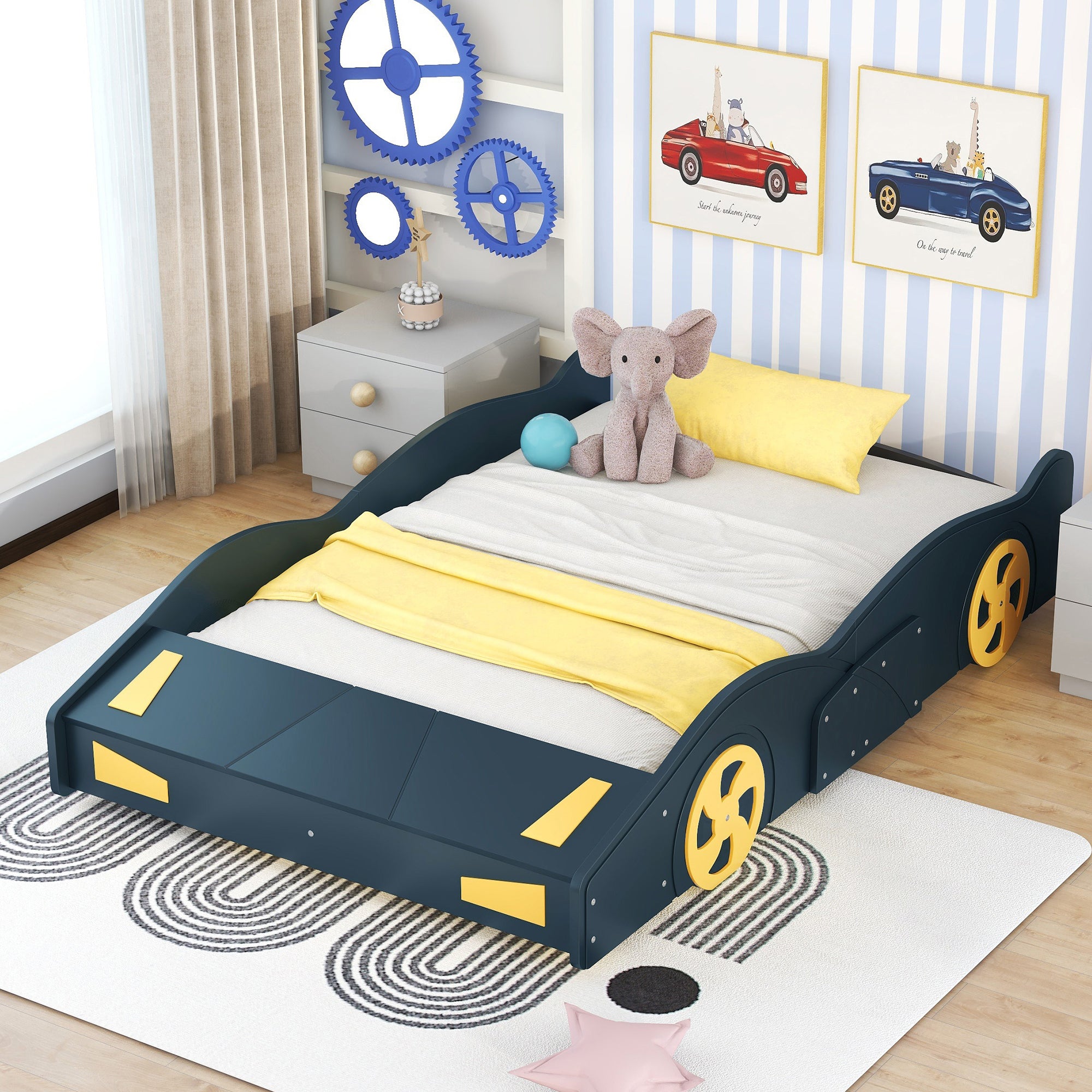 Full Size Race Car-Shaped Platform Bed With Wheels And Storage In Dark Blue Yellow