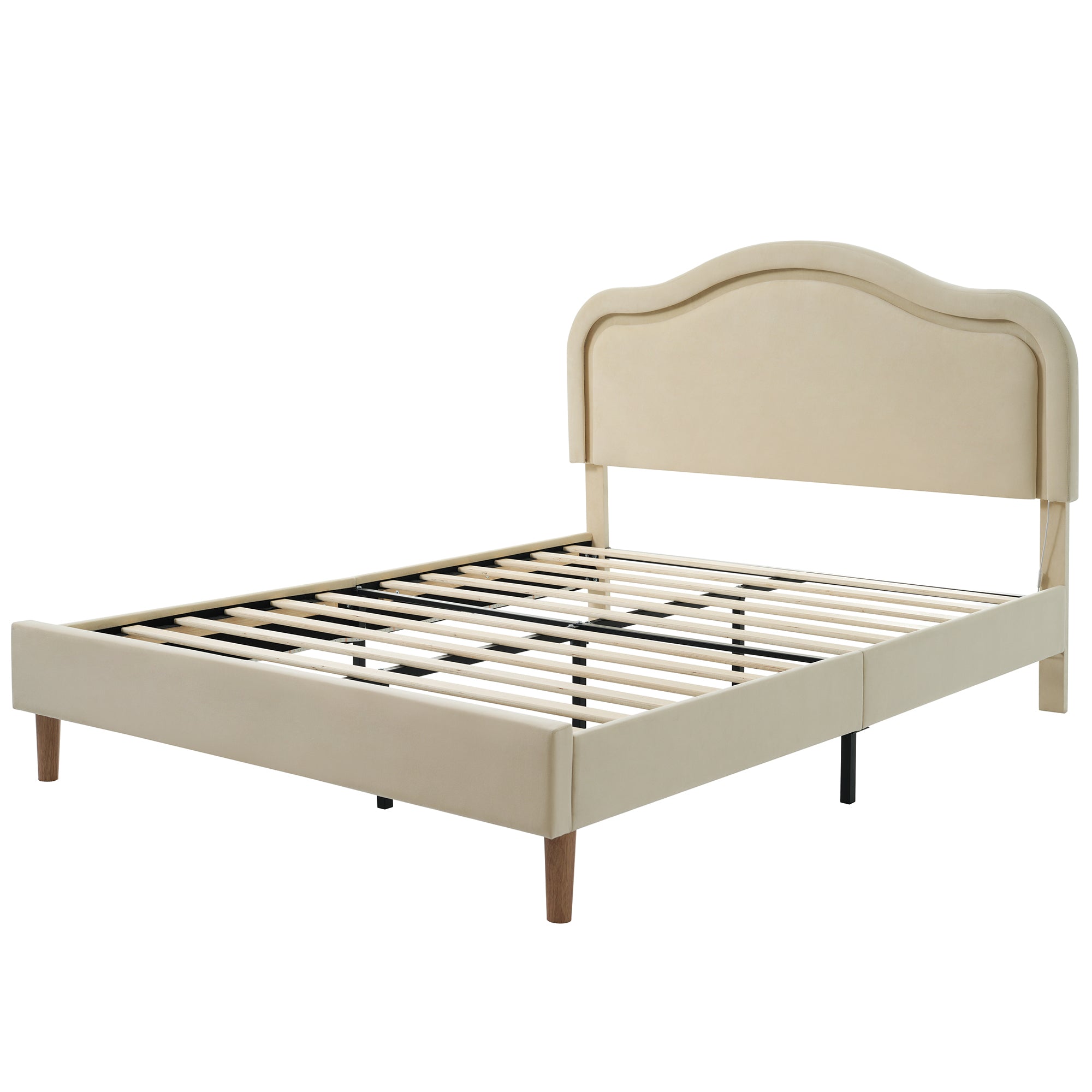 Full Size Bed Frame with LED Lights, Adjustable Headboard, and Beige Velvet Upholstery