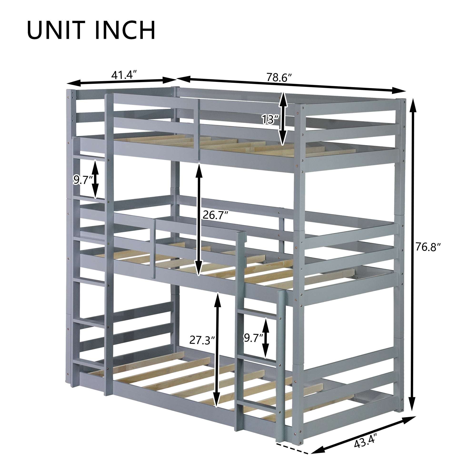 Gray Triple Rubber Wood Bunk Bed with Built-in Ladders and Guardrails