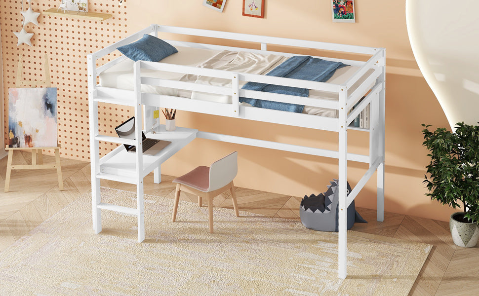 Twin Size Loft Bed For Kids with Desk, Shelves, Safety Guardrail & Ladder