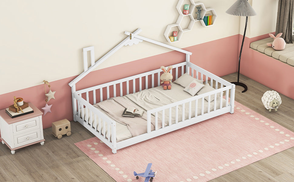 Twin House-Shaped Toddler Floor Bed with Guardrails and Slats