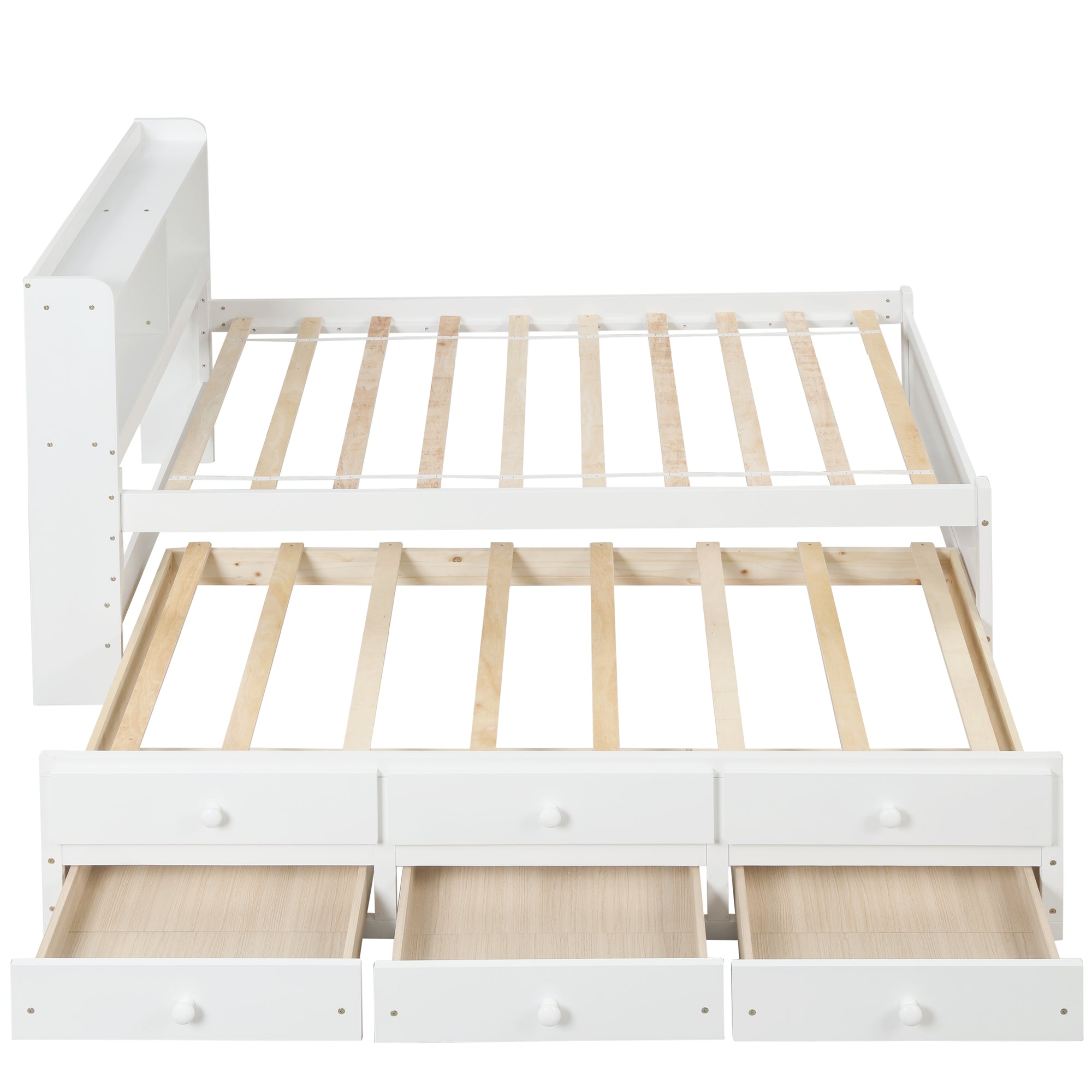 White Twin Bed with Bookcase, Trundle, and Drawers