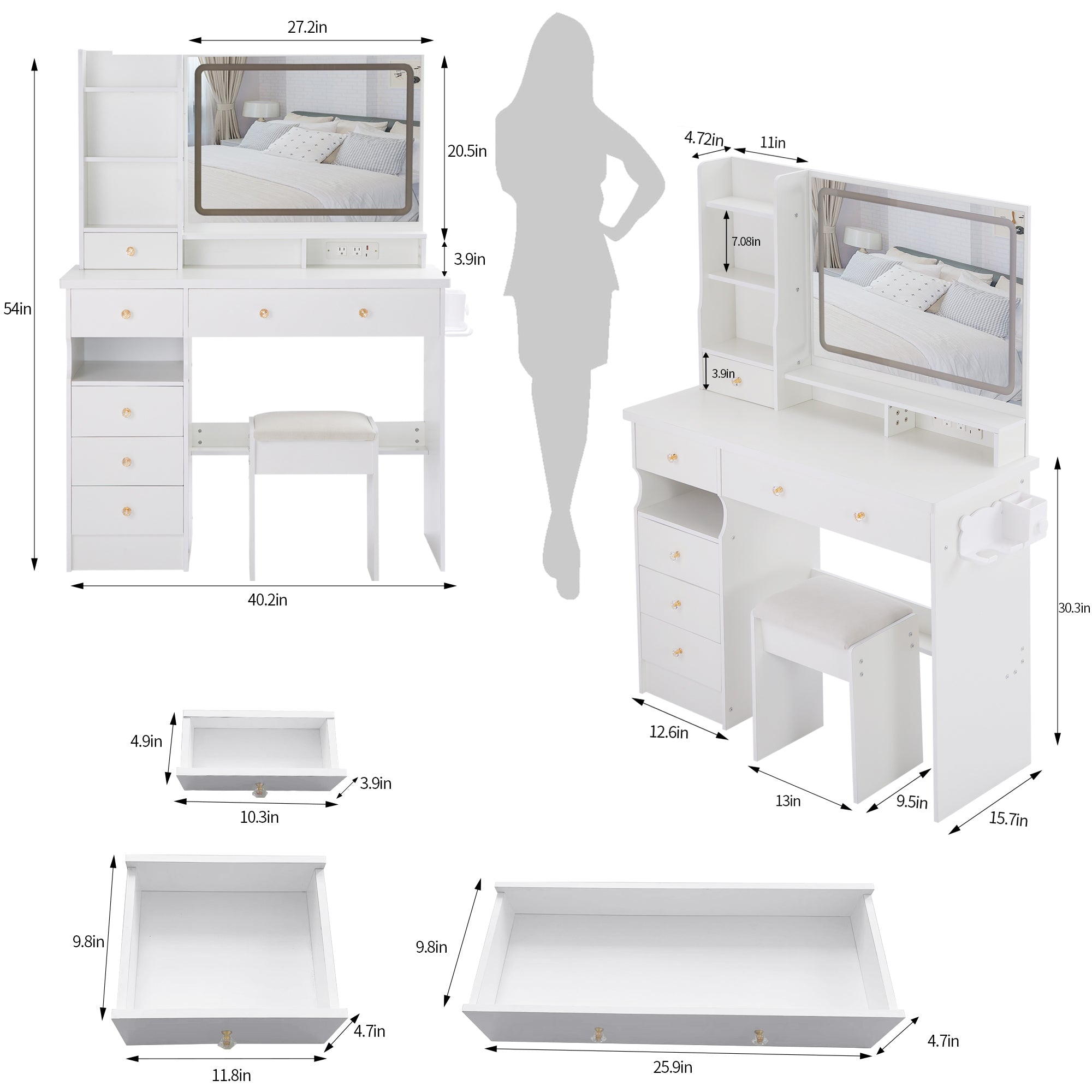 41 Inch Large Left Bedside Cabinet Vanity Table Set With Cushioned Stool 2 AC And 2 USB Power Station Touch Control LED Mirror In White