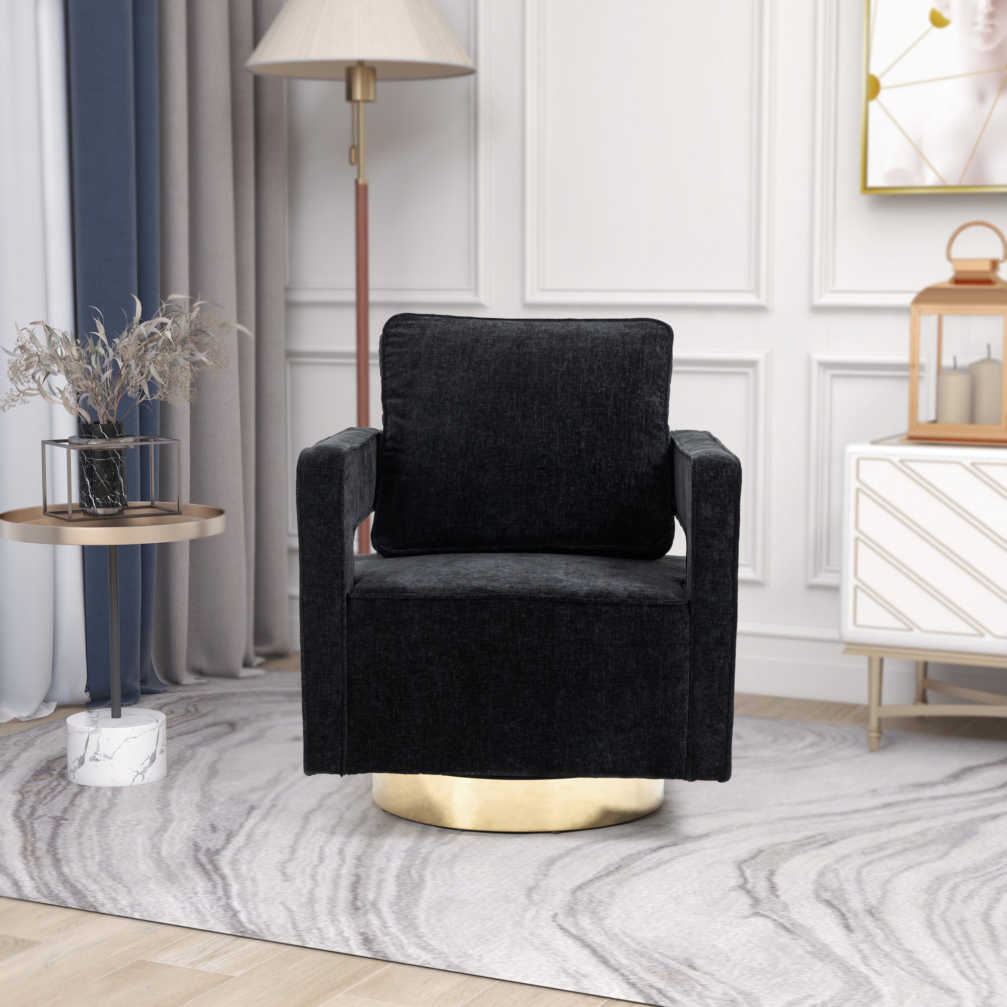 Open Back Black Chenille Swivel Accent Chair With Gold Stainless Steel Base