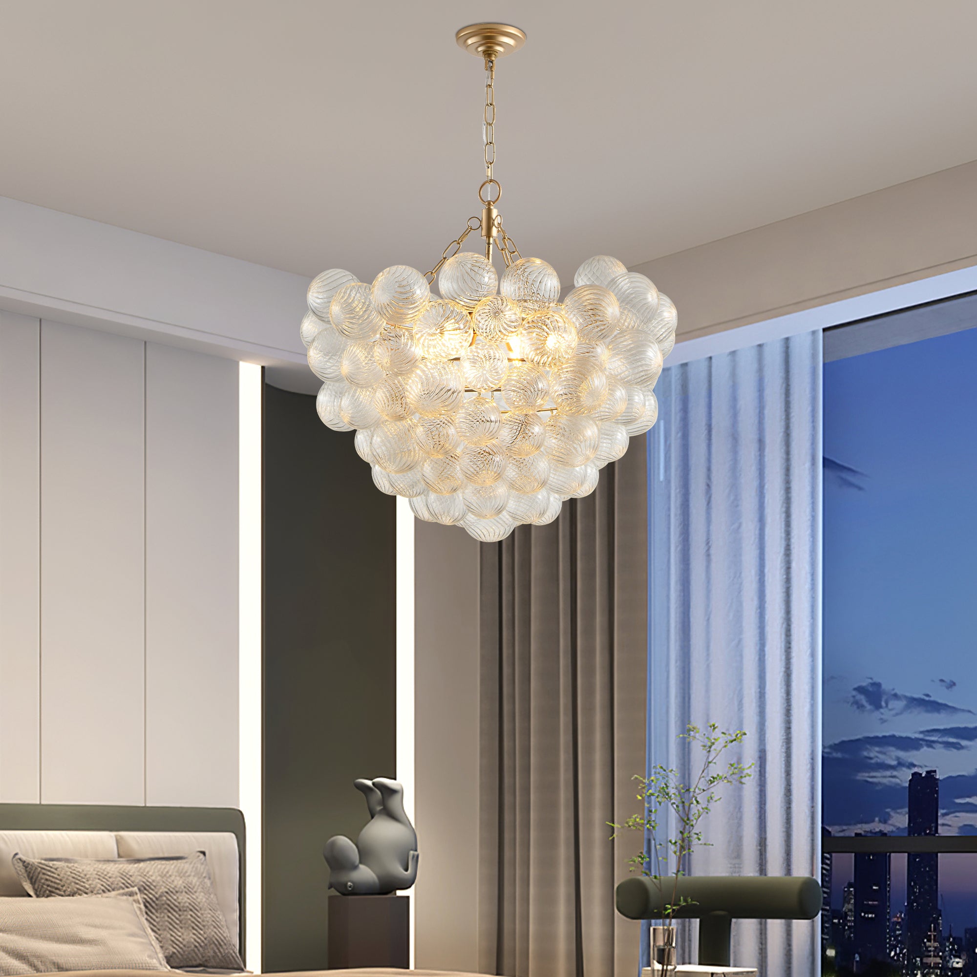 Gold Pendant Light Chandelier with Threaded Clear Glass Globe Shade