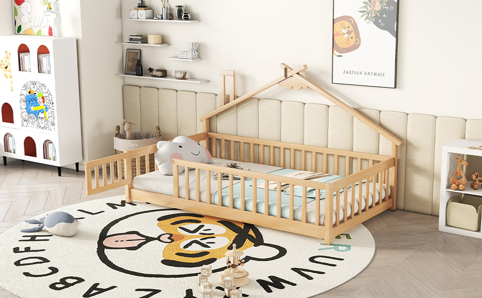 Twin House-Shaped Bedside Floor Bed with Guardrails and Door in Natural Finish