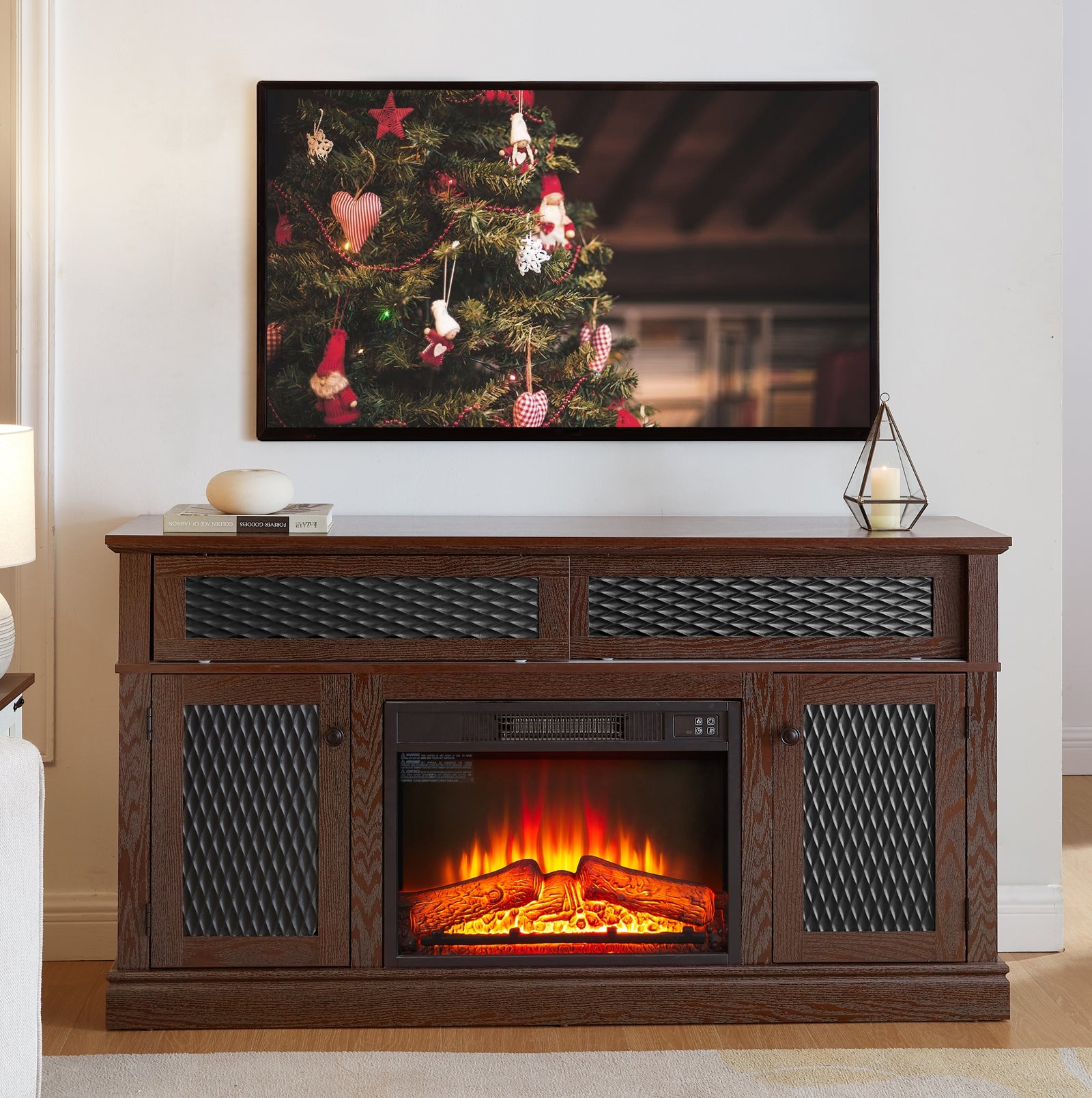 60" Dark Cherry Embossed TV Stand With 23" Fireplace Insert fro TVs up to 65"