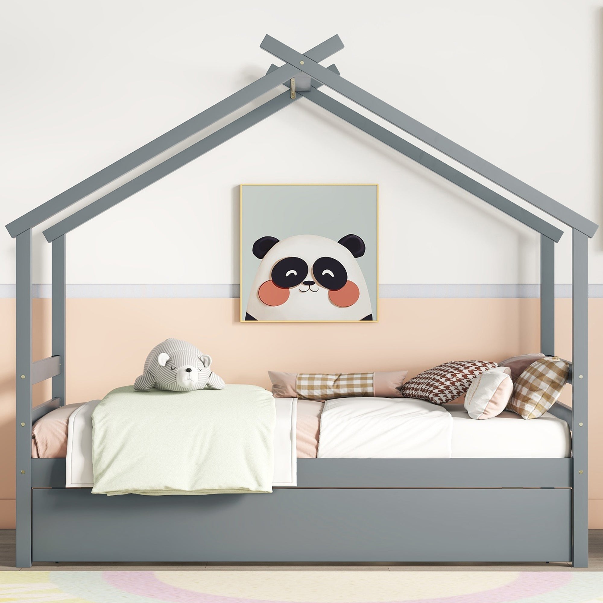 Gray Twin House-Shaped Bed with Pull-Out Trundle